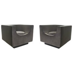 Vintage Exclusive Bernard Govin for Saporiti Luxe 1970s 'Cube' Armchair Pair
