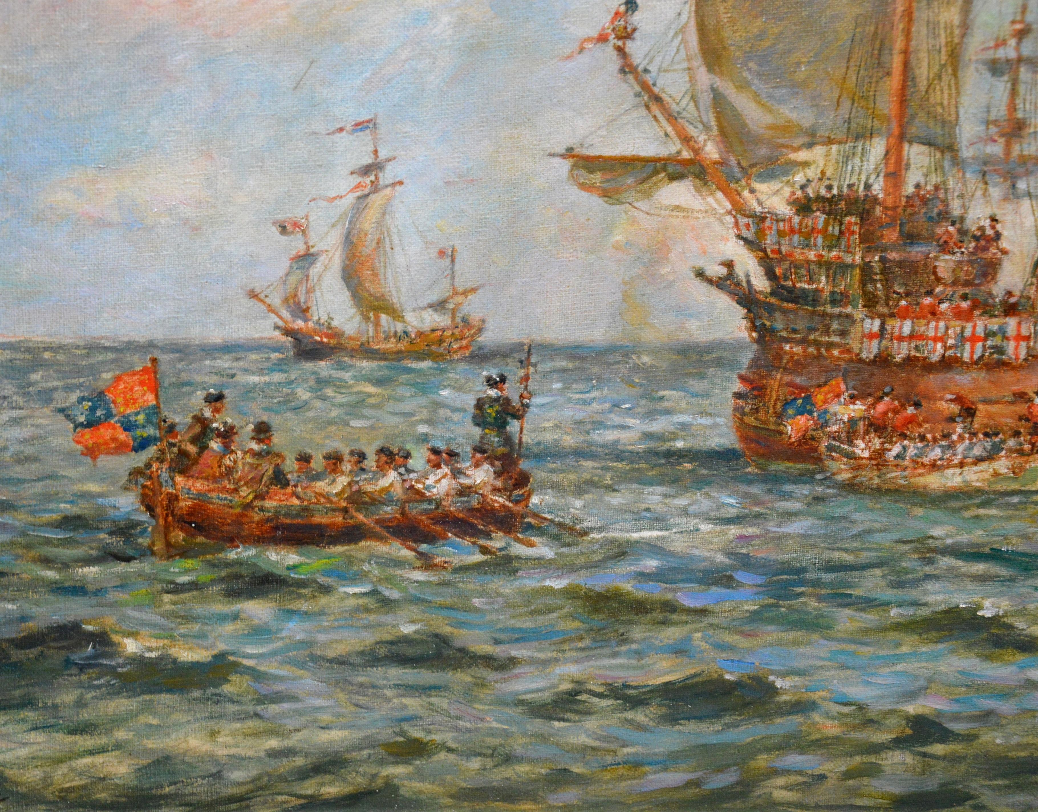 This is a very large fine early 1900s oil on canvas depicting the ‘Embarkation of Henry VIII’ from Dover onboard his flagship Henry Grace à Dieu on his voyage to the Field of the Cloth of Gold in 1520 by the eminent British maritime artist Bernard