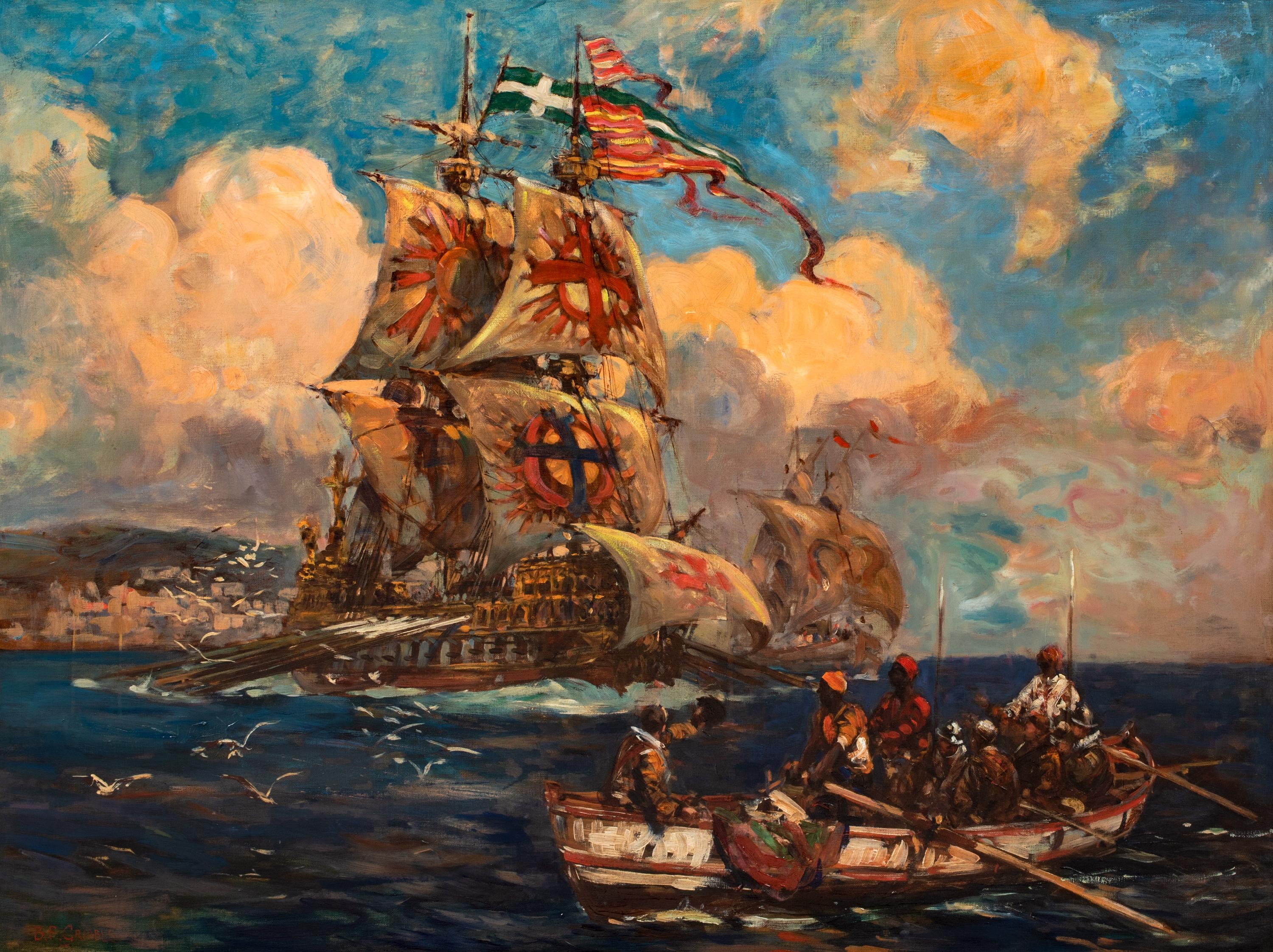 The Knights Of Malta Crusades Off The Barbary Coast, Africa\, 19th Century - Brown Landscape Painting by Bernard Gribble