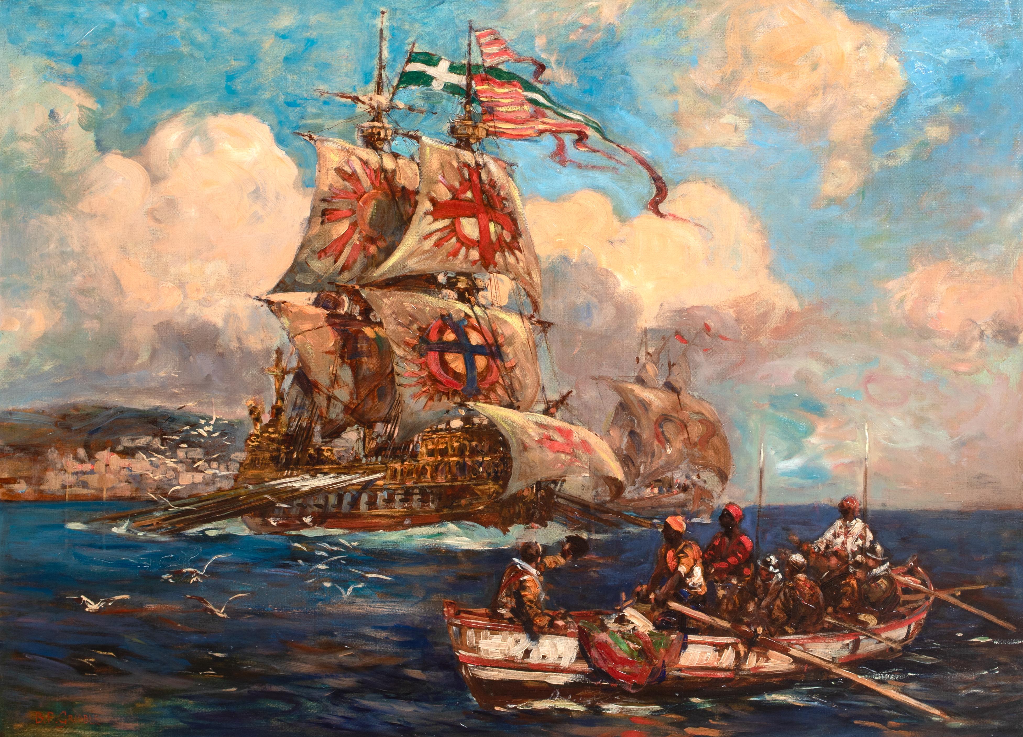 Le crociate dei Cavalieri di Malta al largo della costa barbaresca, Africa, XIX secolo - Landscape Painting Marrone di Bernard Gribble