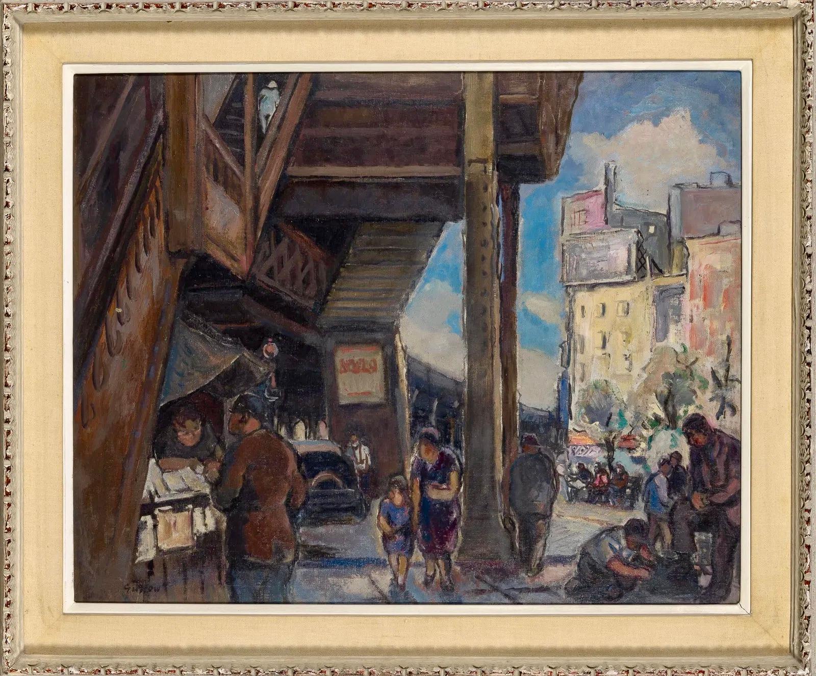 Mañana bajo el EL NYC Escena Americana WPA Moderno Siglo XX Realismo Social - Painting realista estadounidense de Bernard Gussow