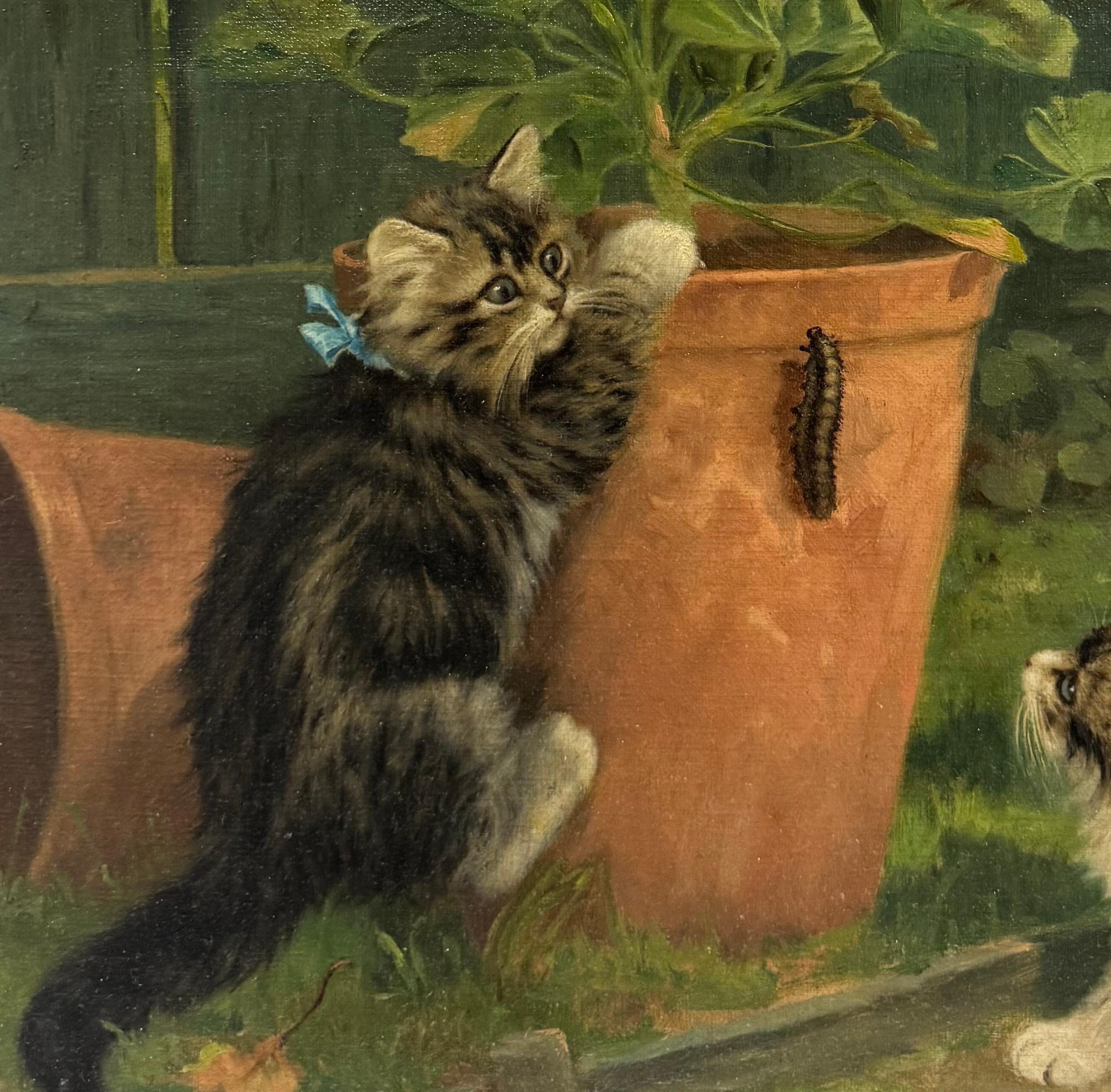 Belle Epoque Antique KITTENS & CATERPILLAR Garden Oil Painting en vente 7