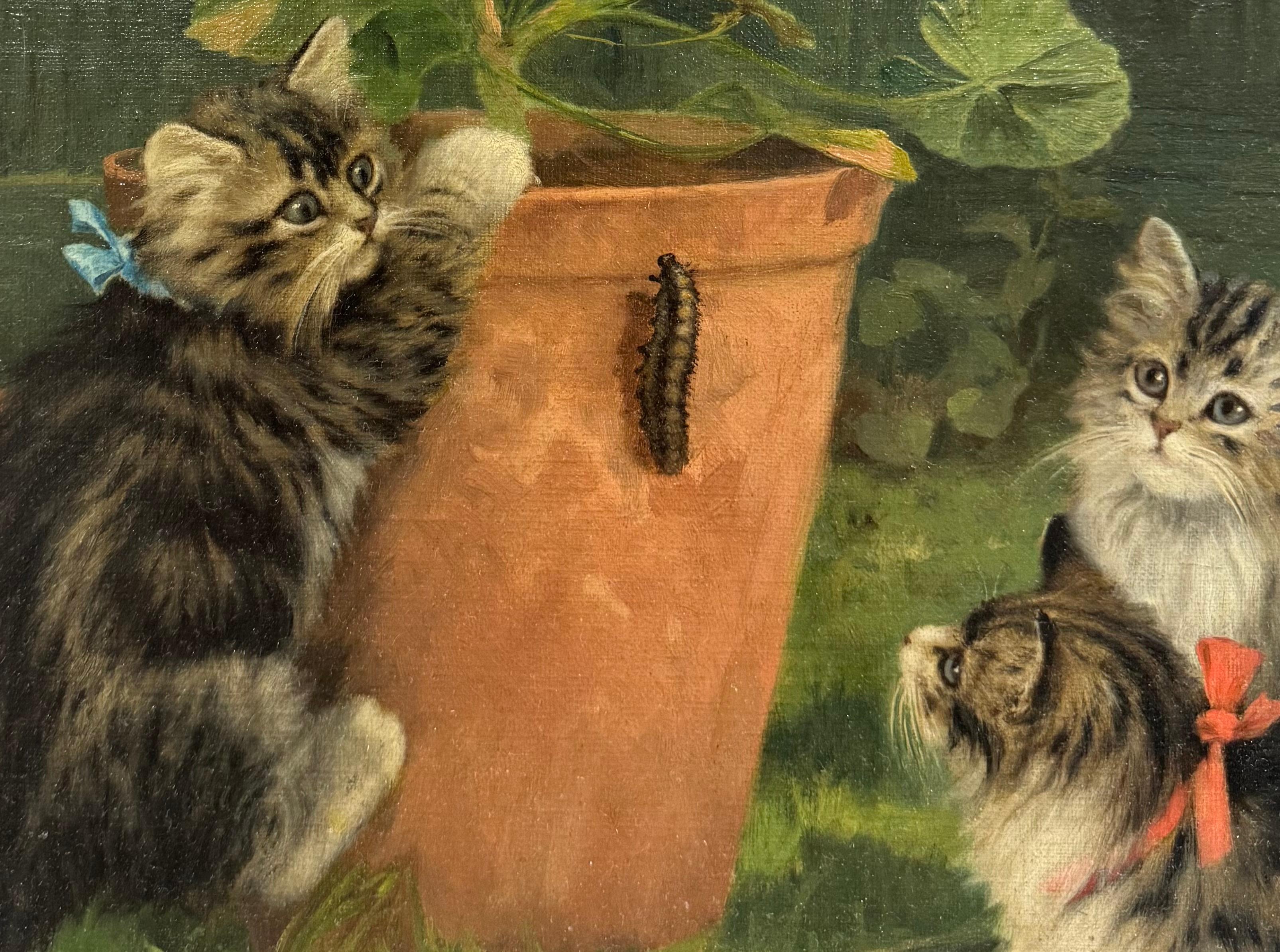 Belle Epoque Antique KITTENS & CATERPILLAR Garden Oil Painting en vente 8