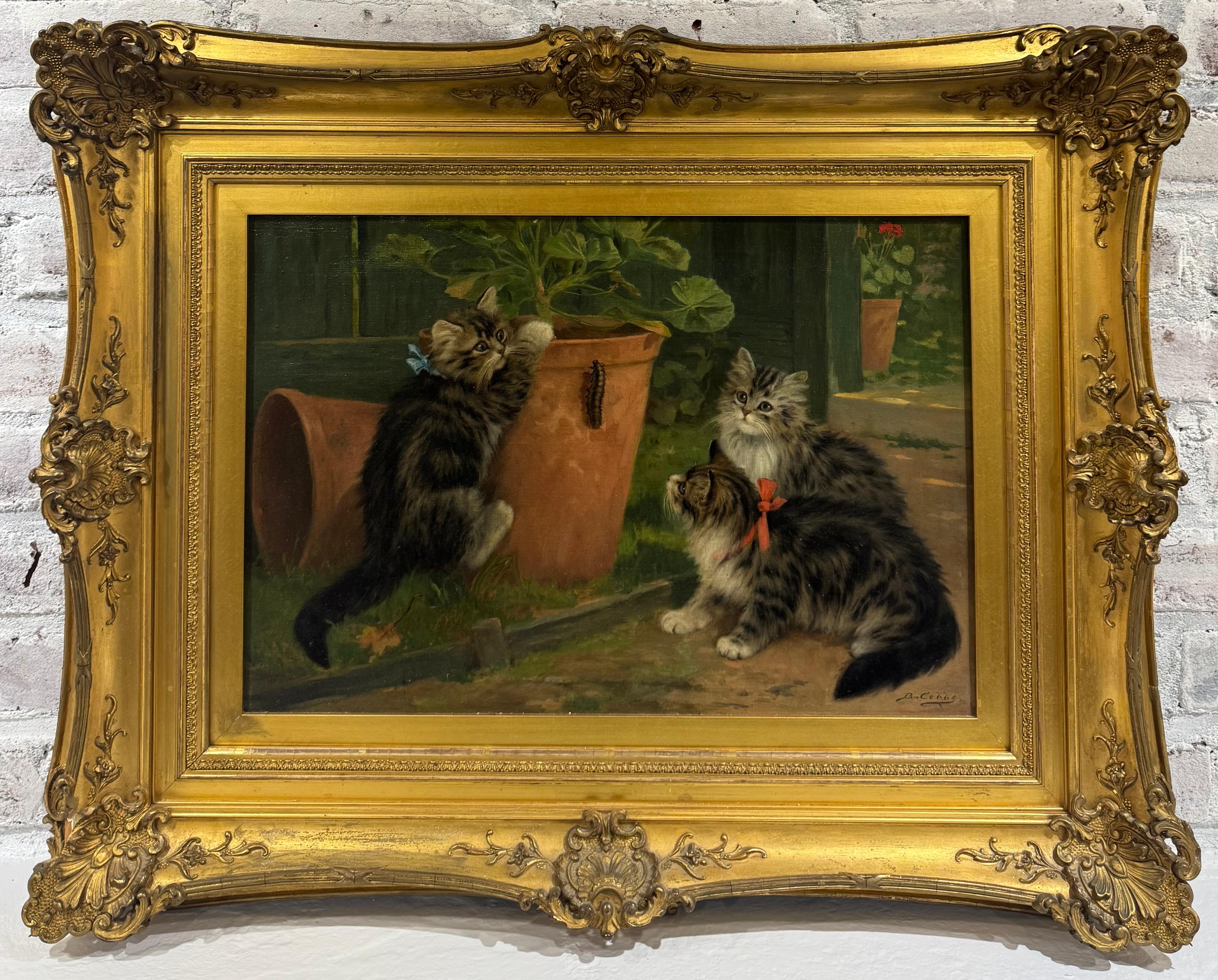 Belle Epoque Antique KITTENS & CATERPILLAR Garden Oil Painting - Marron Animal Painting par bernard h cobbe