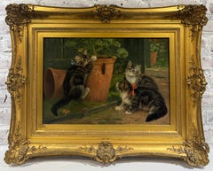 Belle Epoque Antique KITTENS & CATERPILLAR Garden Oil Painting