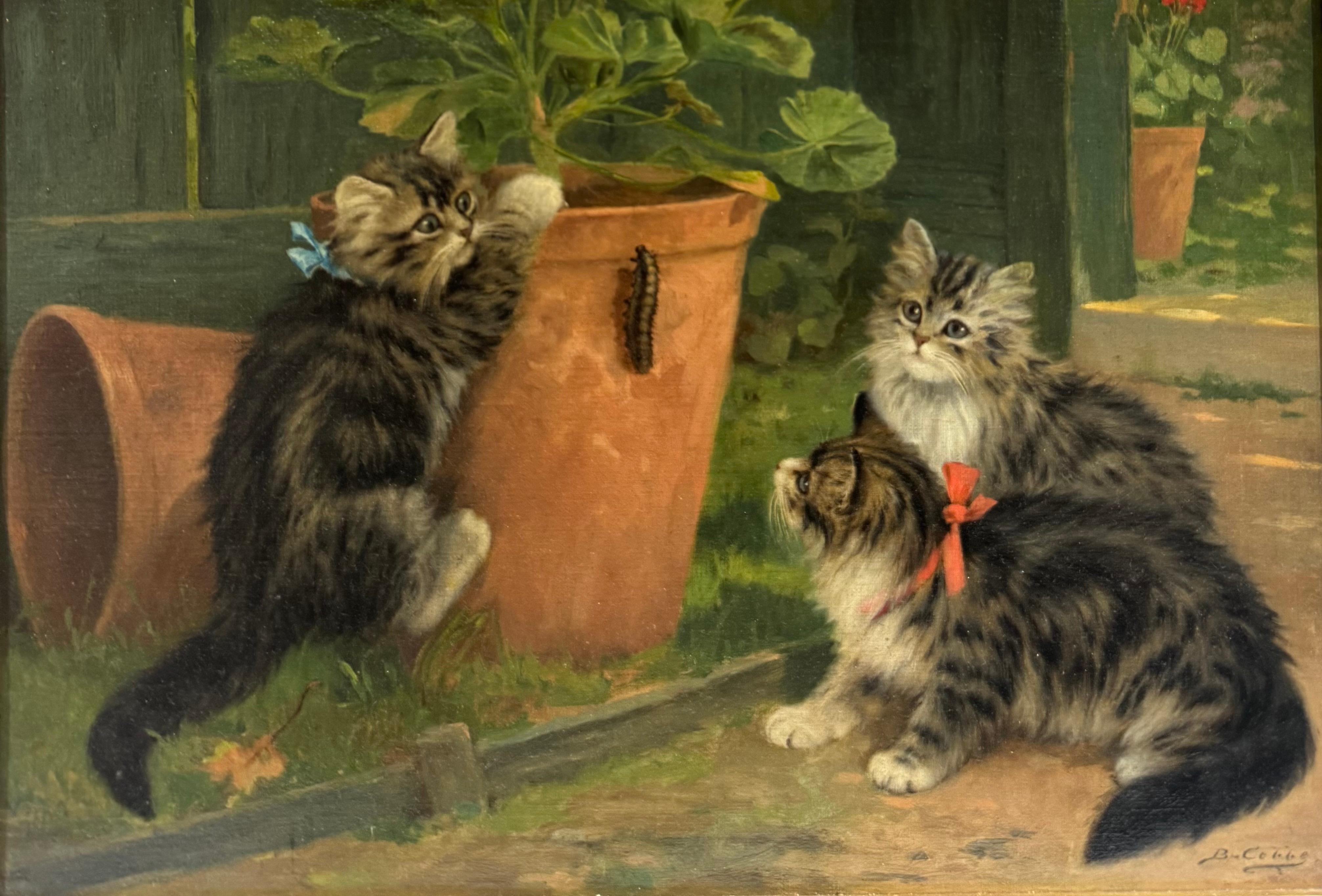 Belle Epoque Antique KITTENS & CATERPILLAR Garden Oil Painting en vente 1