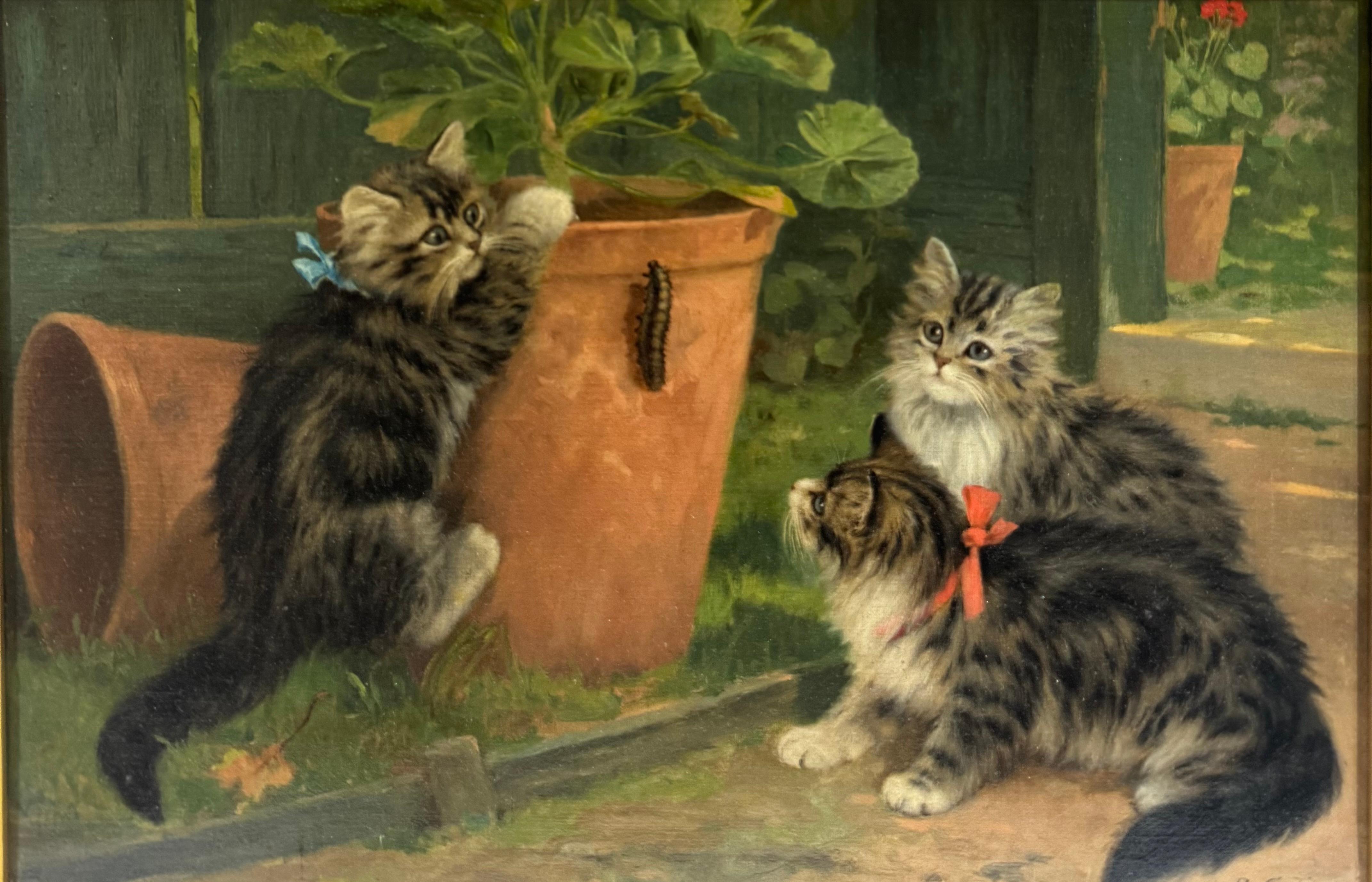 Belle Epoque Antique KITTENS & CATERPILLAR Garden Oil Painting en vente 2