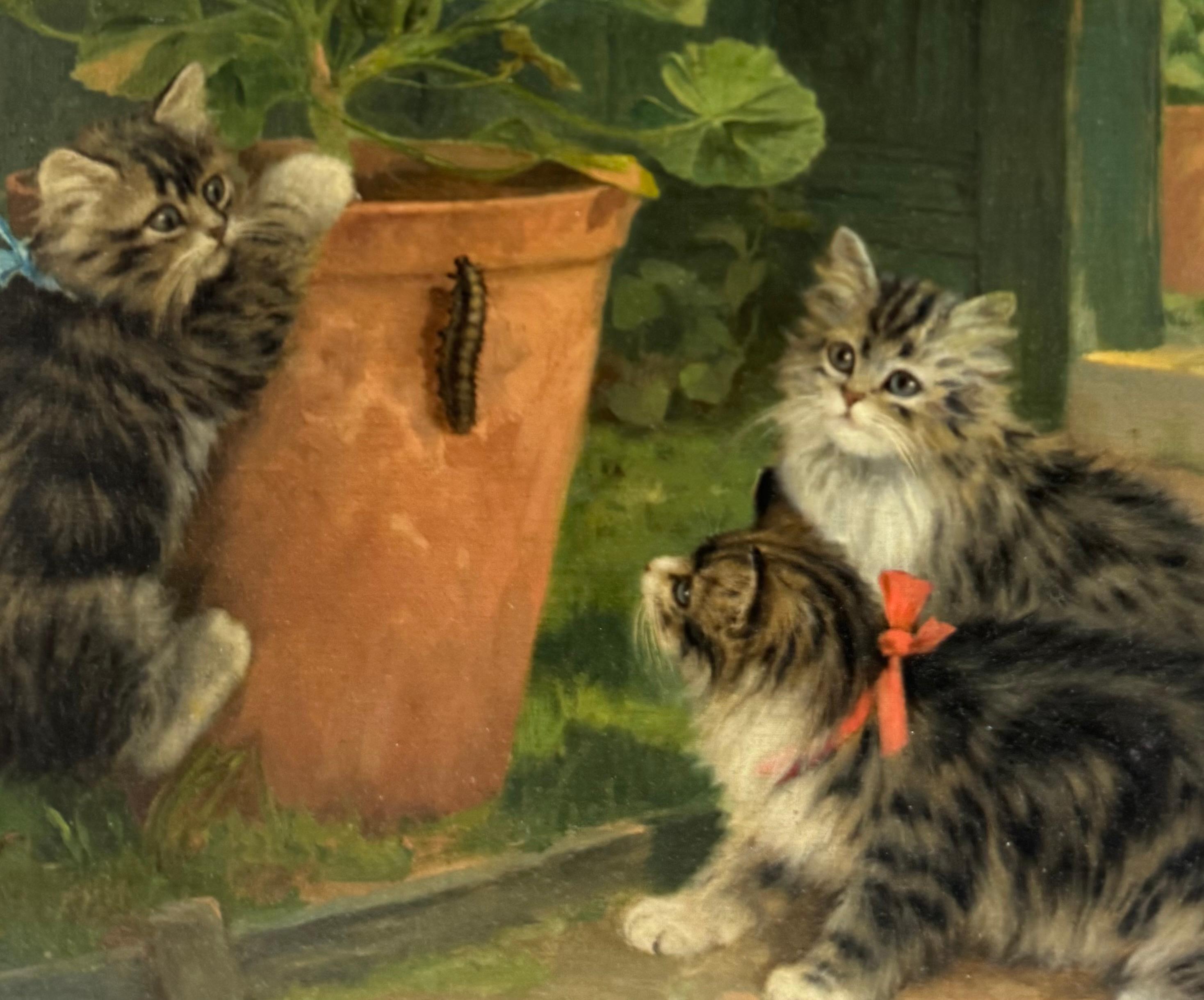 Belle Epoque Antique KITTENS & CATERPILLAR Garden Oil Painting en vente 3