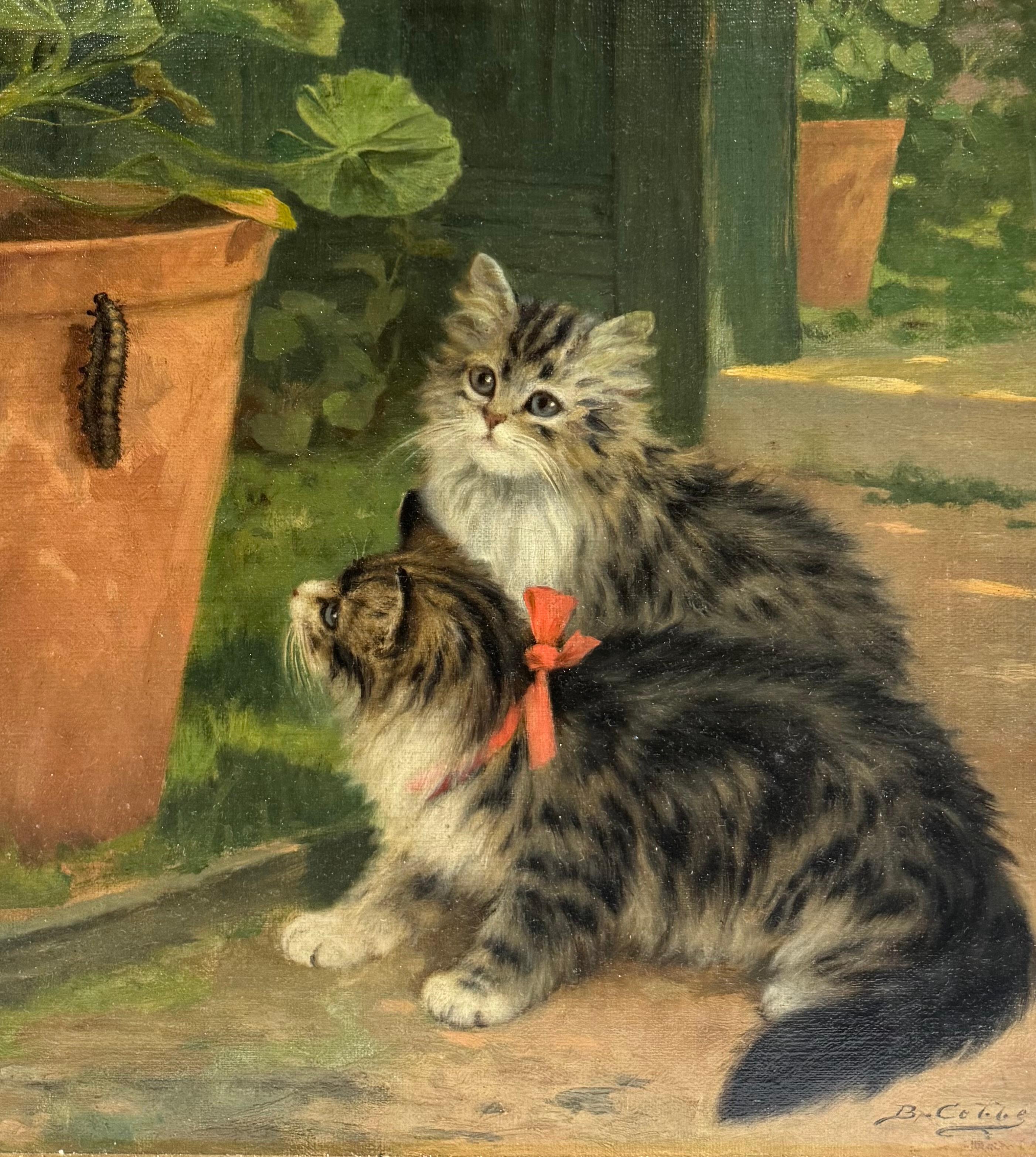 Belle Epoque Antique KITTENS & CATERPILLAR Garden Oil Painting en vente 4