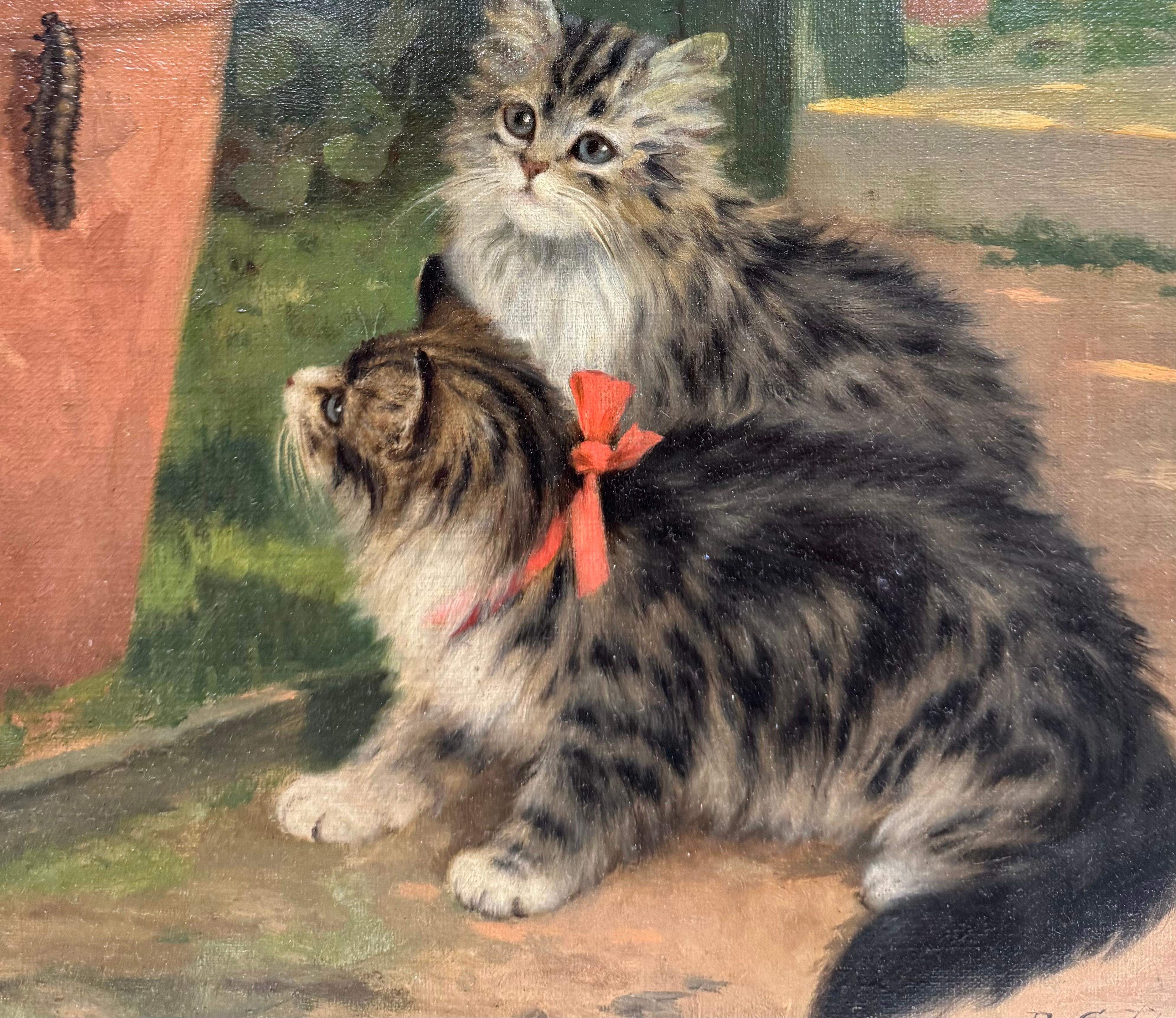 Belle Epoque Antique KITTENS & CATERPILLAR Garden Oil Painting en vente 6