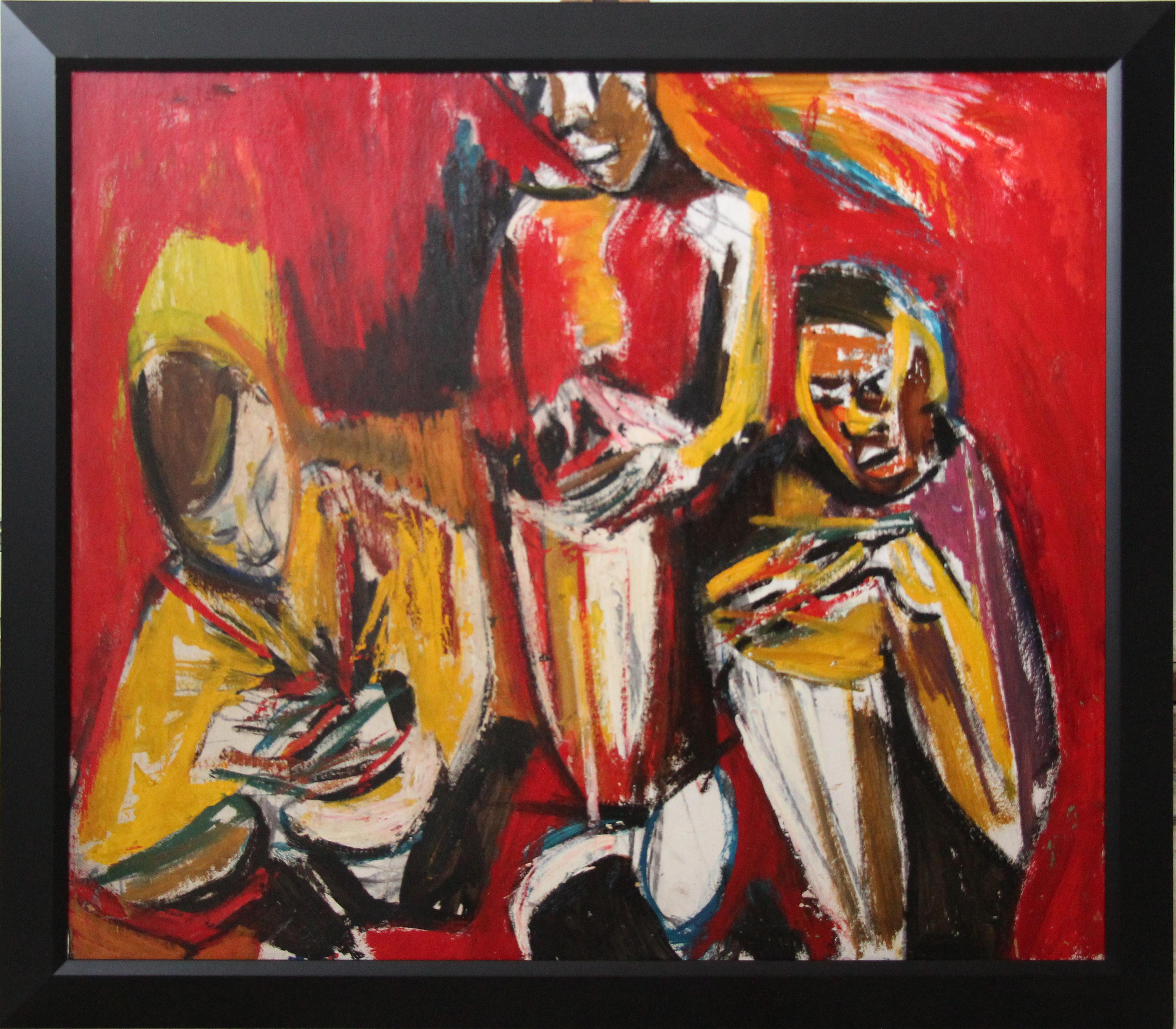 Tambours, portrait de groupe expressionniste de trois musiciens par l'artiste de Philadelphie - Painting de Bernard Harmon