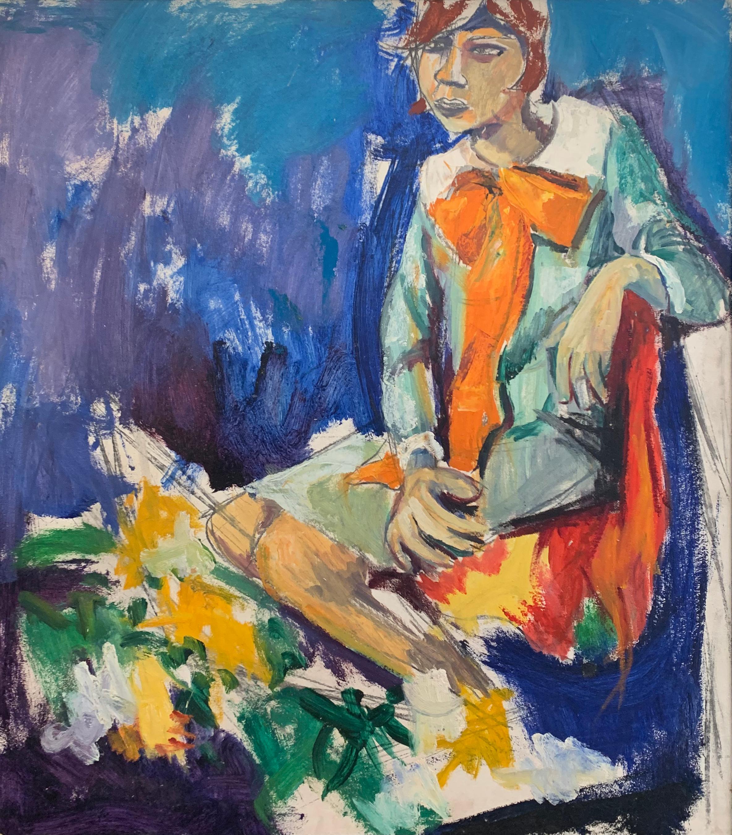 Modemädchen, expressionistisches Porträt einer Frau von Künstlerin aus Philadelphia (Violett), Portrait Painting, von Bernard Harmon