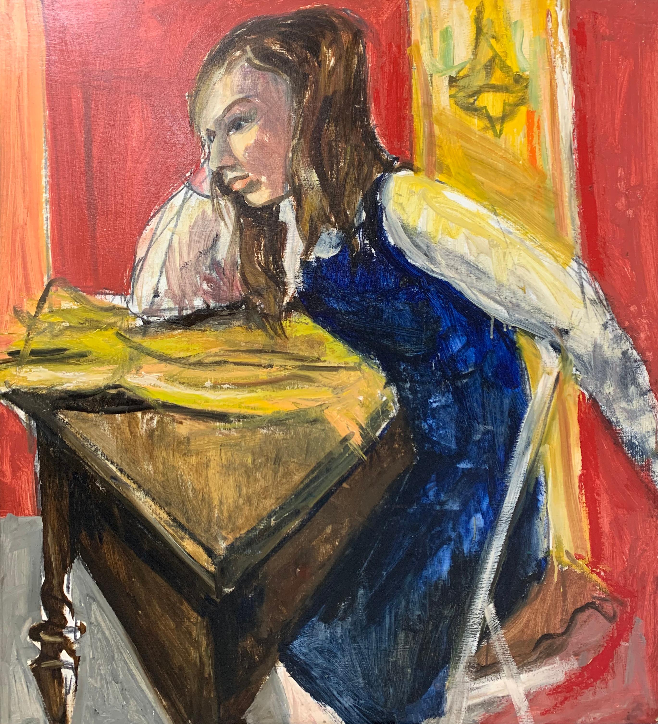 Girl at Desk, Expressionist Portrait of Young Woman by Philadelphia Artist - Painting by Bernard Harmon