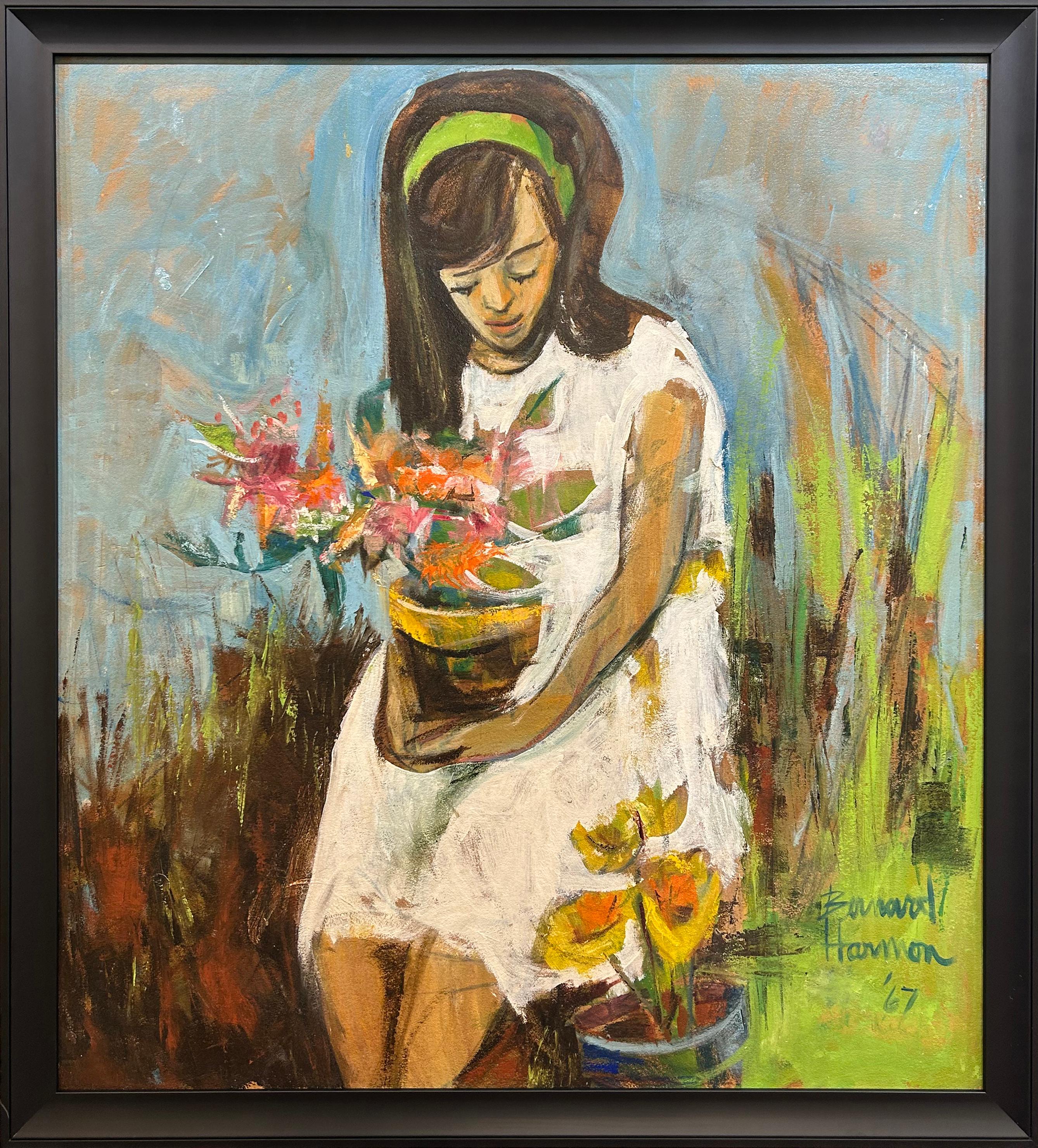 Girl with Flowerpot, Expressionist Portrait by Philadelphia Artist - Painting by Bernard Harmon