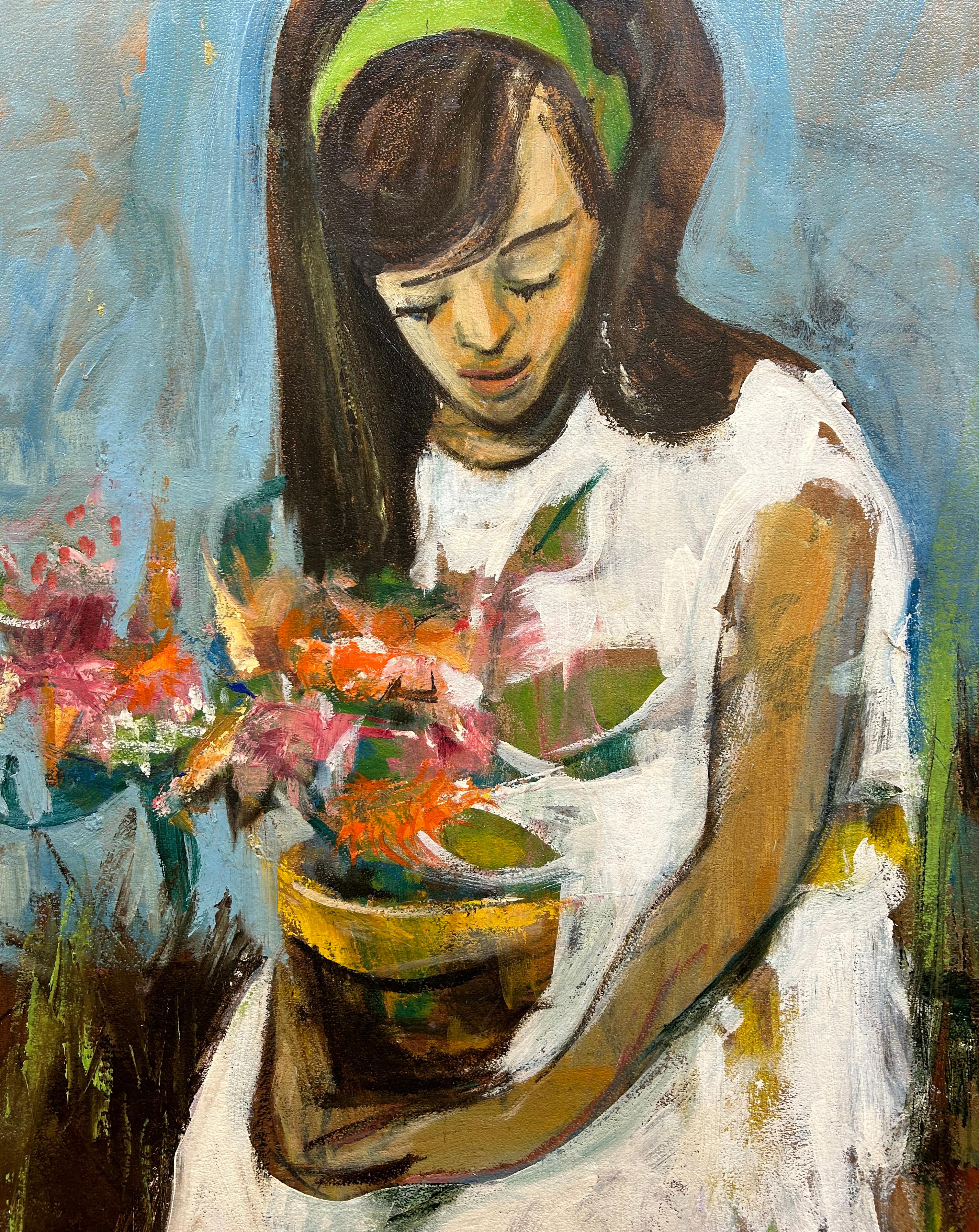 Girl with Flowerpot, Expressionist Portrait by Philadelphia Artist For Sale 1