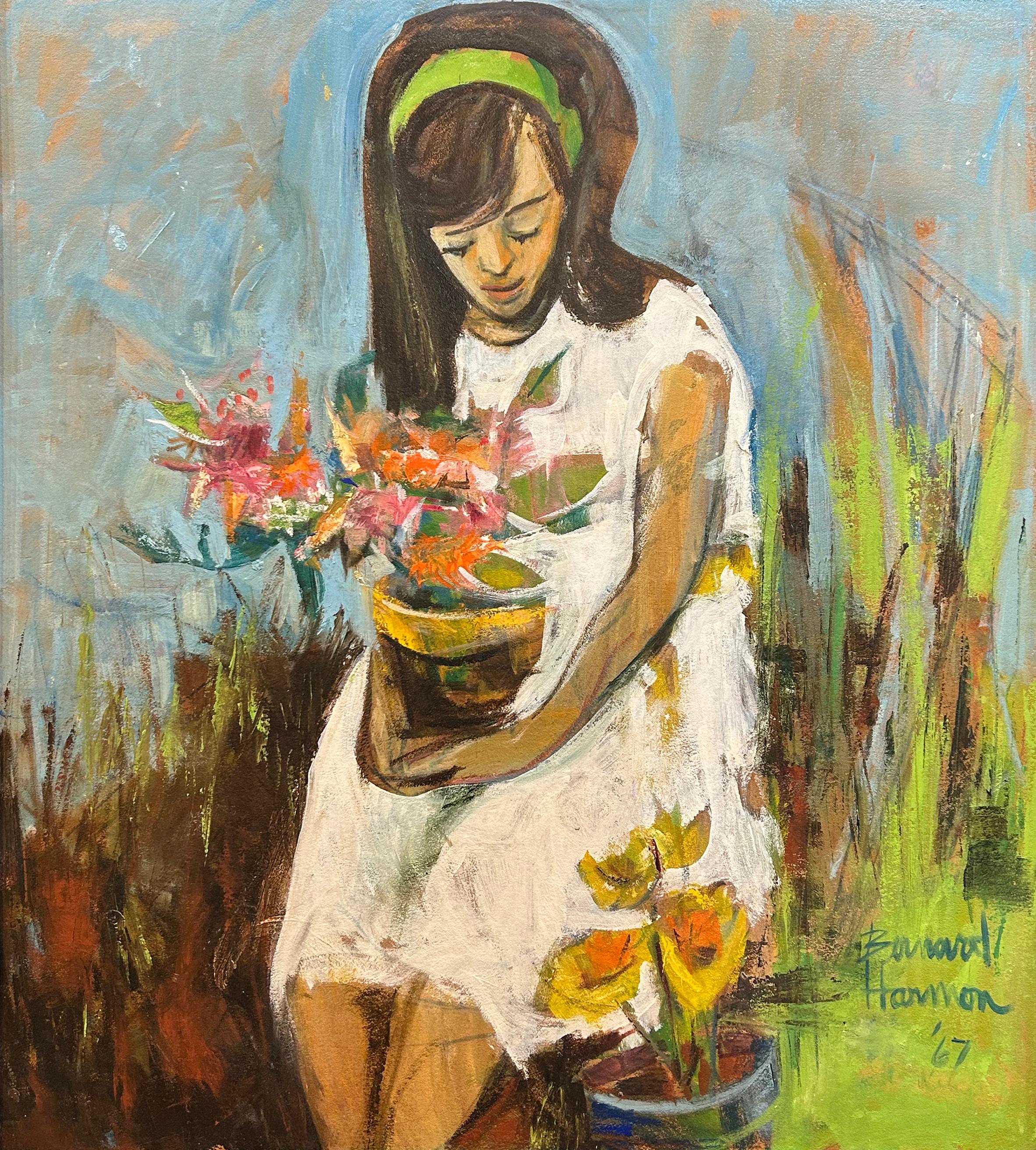 Figurative Painting Bernard Harmon - Girl with Flowerpot, portrait expressionniste de l'artiste de Philadelphie