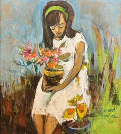 Used Girl with Flowerpot, Expressionist Portrait by Philadelphia Artist