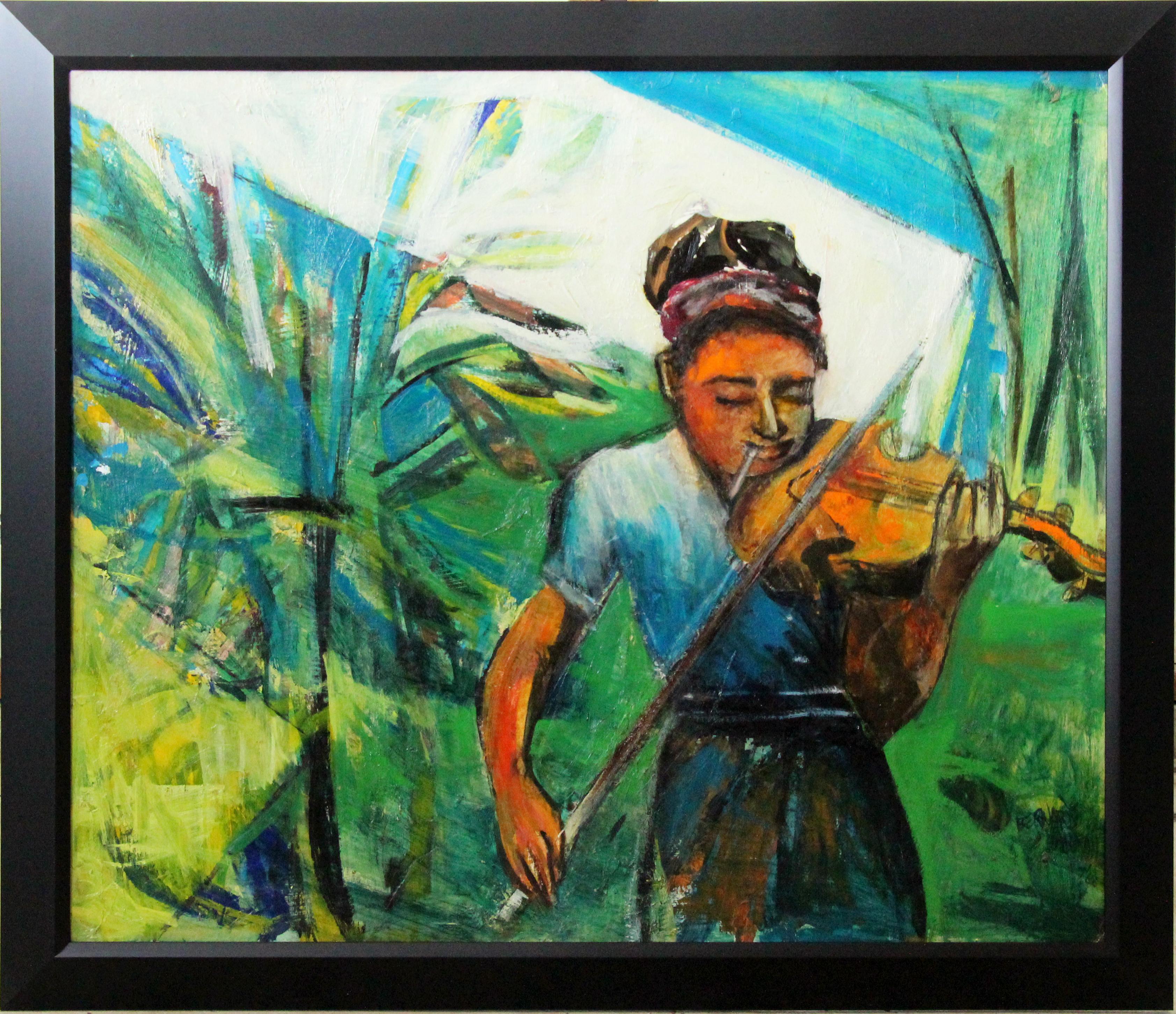 Jazz, Expressionist Portrait of Woman with Violin by Philadelphia Artist - Painting by Bernard Harmon