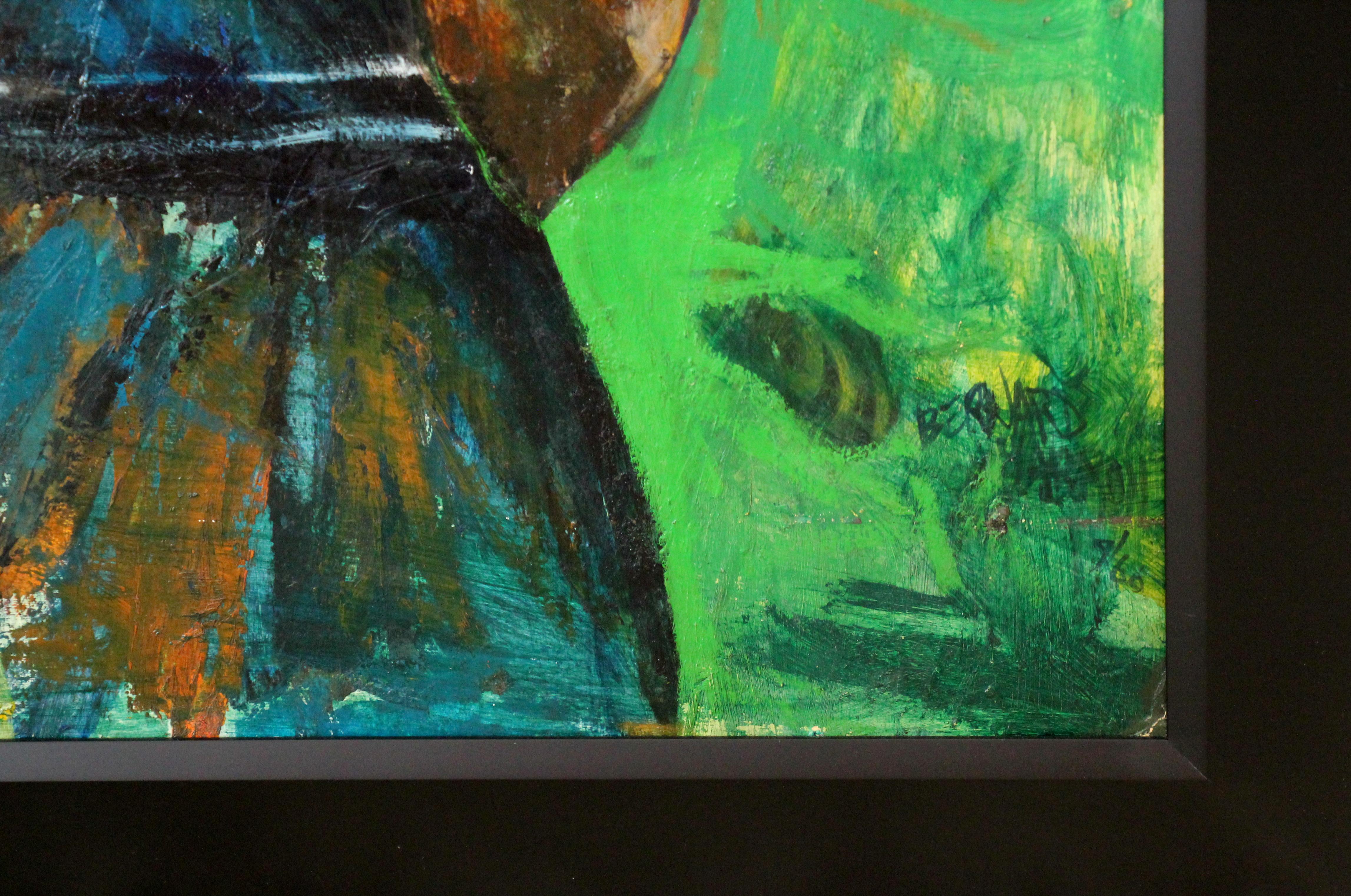 Jazz, Retrato expresionista de mujer con violín por un artista de Filadelfia - Portrait Painting Gris de Bernard Harmon