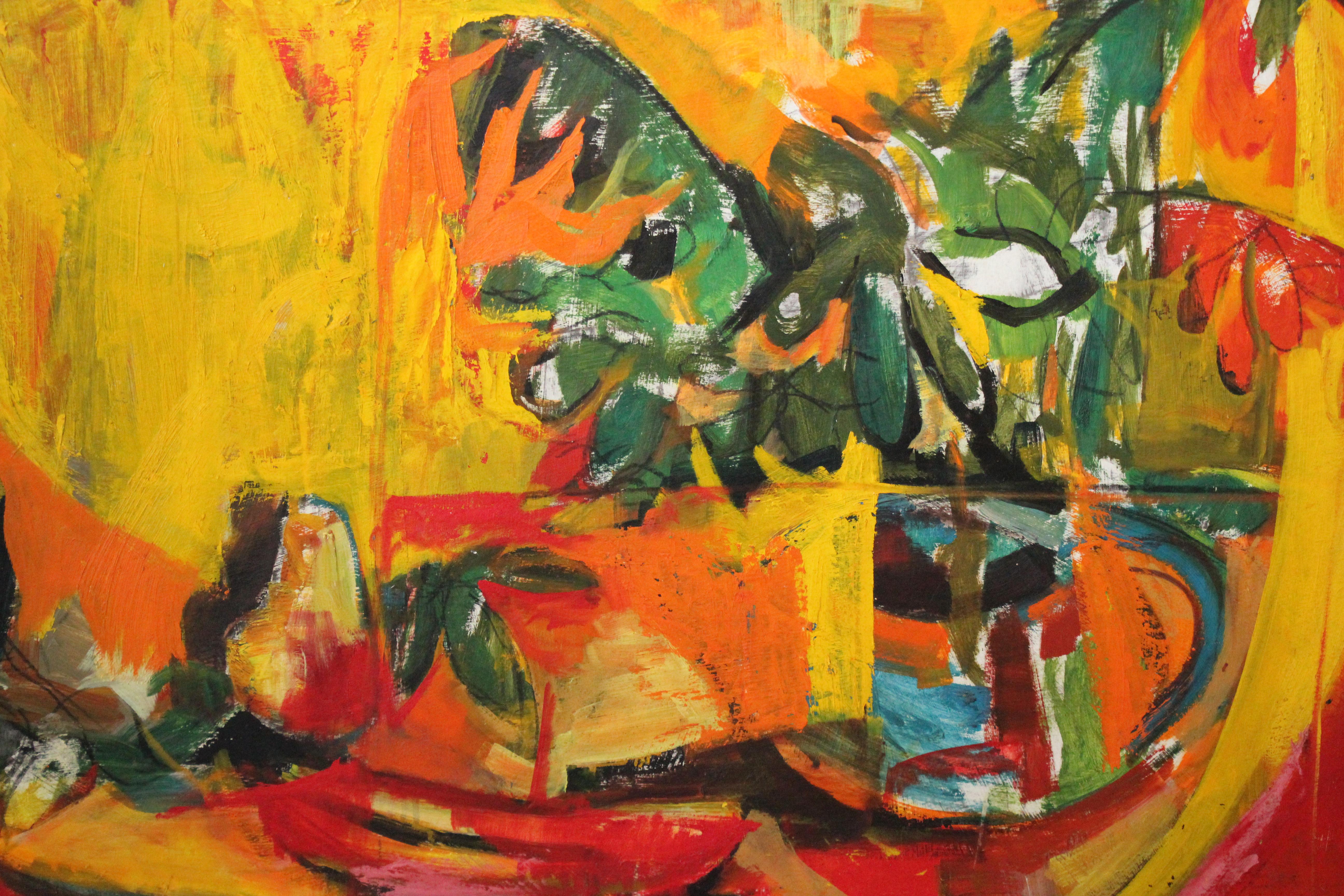 Expressionist Still Life with Plant and Fruit by Philadelphia Artist - Painting by Bernard Harmon