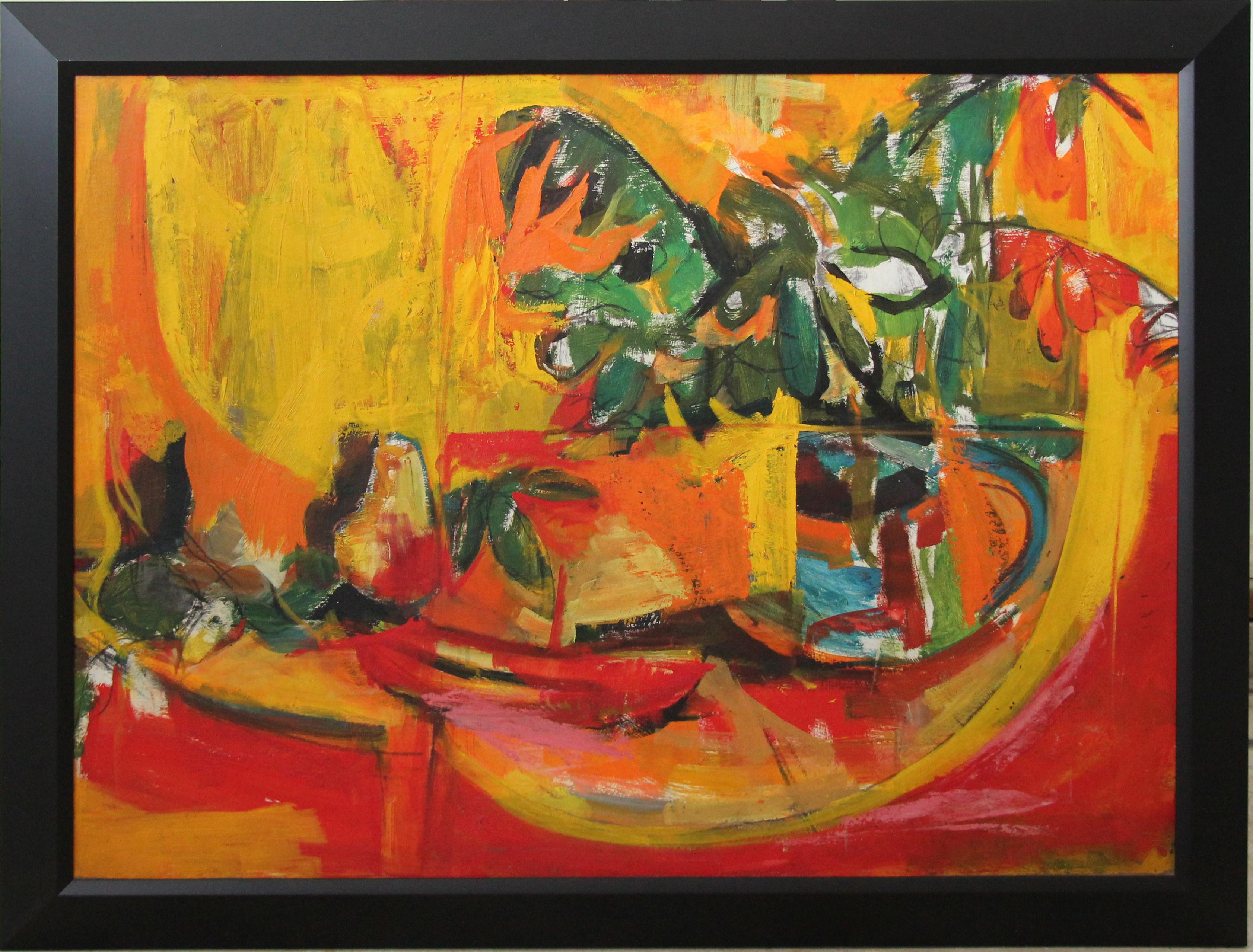 Still-Life Painting de Bernard Harmon - Bodegón expresionista con planta y fruta del artista de Filadelfia