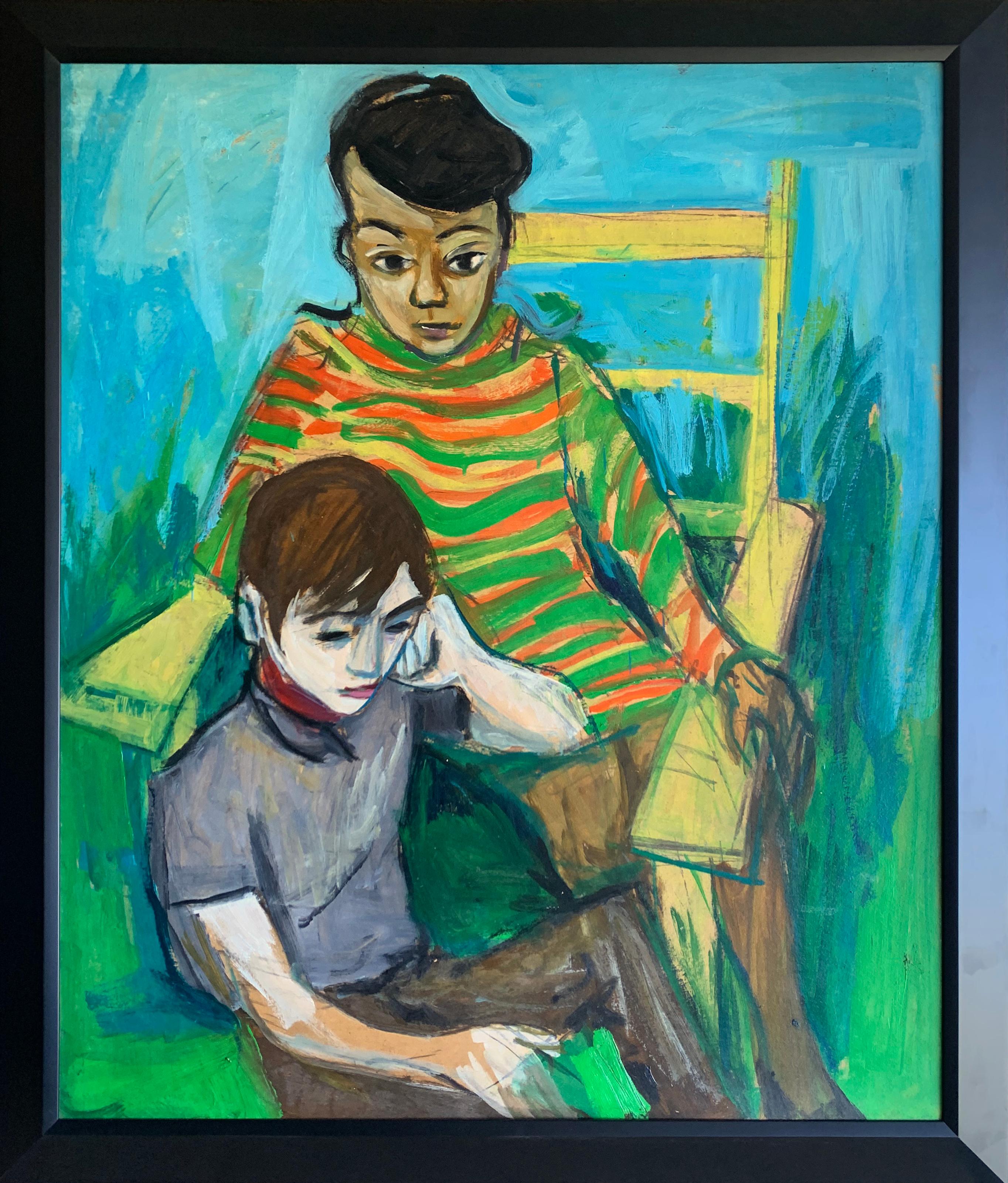 Striped Dress and Boy, Expressionist Portrait by Philadelphia Artist - Painting by Bernard Harmon