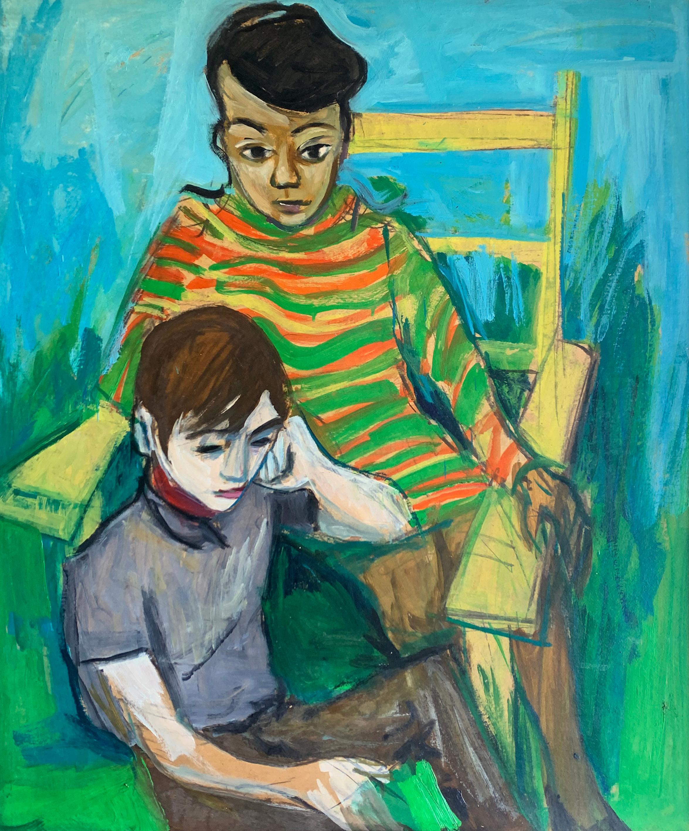 Bernard Harmon Figurative Painting - Striped Dress and Boy, Expressionist Portrait by Philadelphia Artist