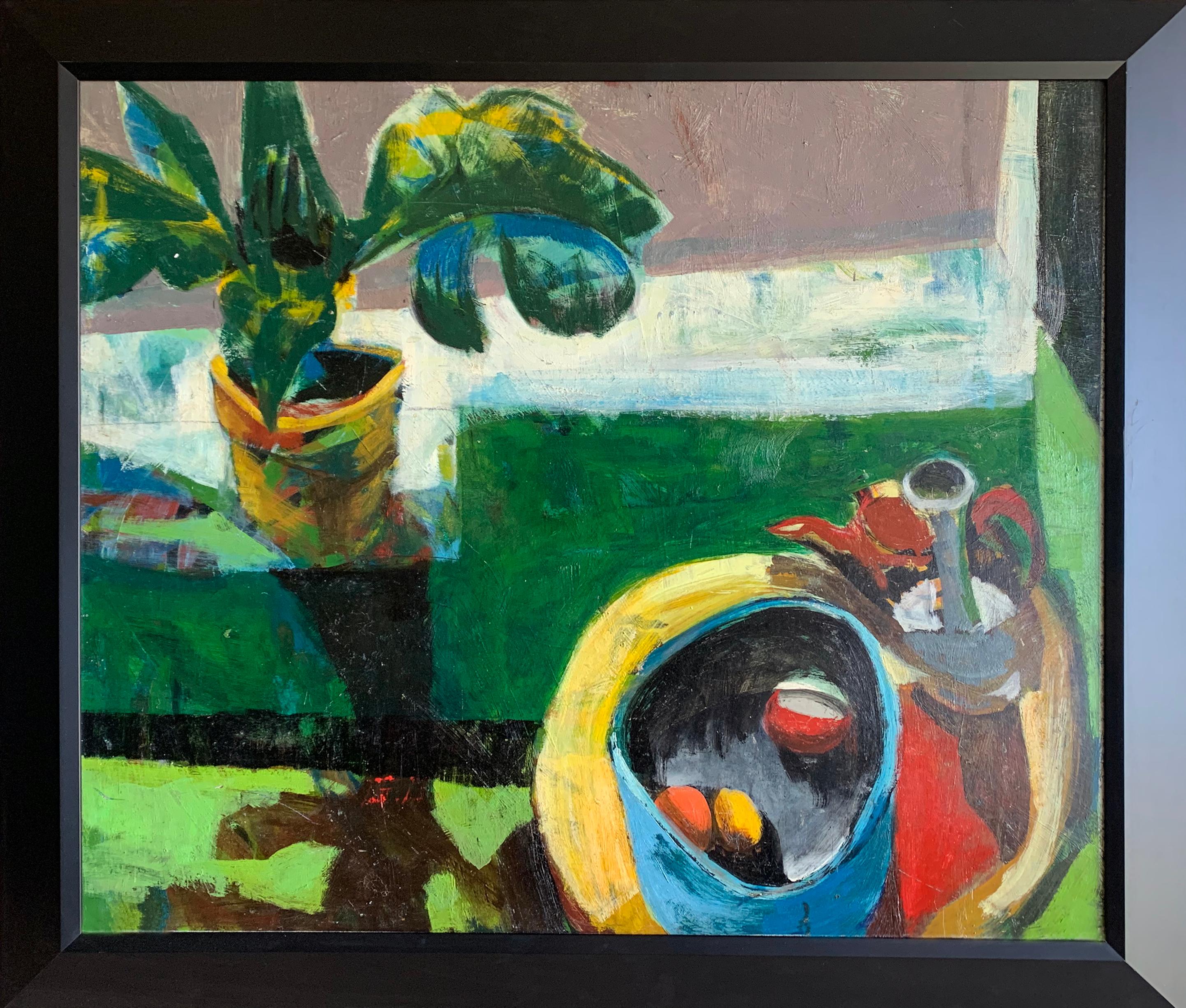 Drei Uhr, Stillleben mit Pflanzgefäß und Obst des Künstlers aus Philadelphia – Painting von Bernard Harmon