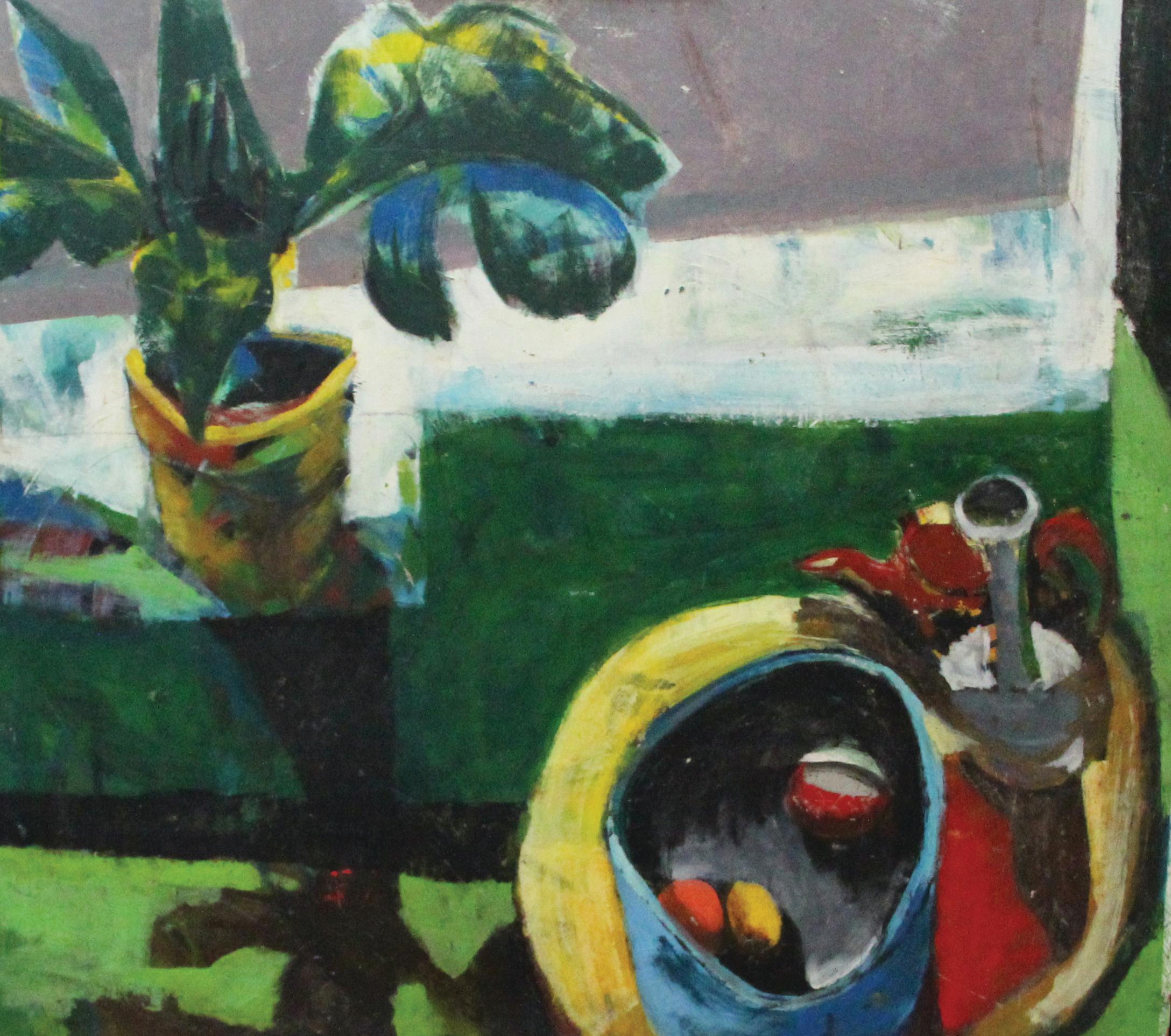 Bernard Harmon Still-Life Painting – Drei Uhr, Stillleben mit Pflanzgefäß und Obst des Künstlers aus Philadelphia
