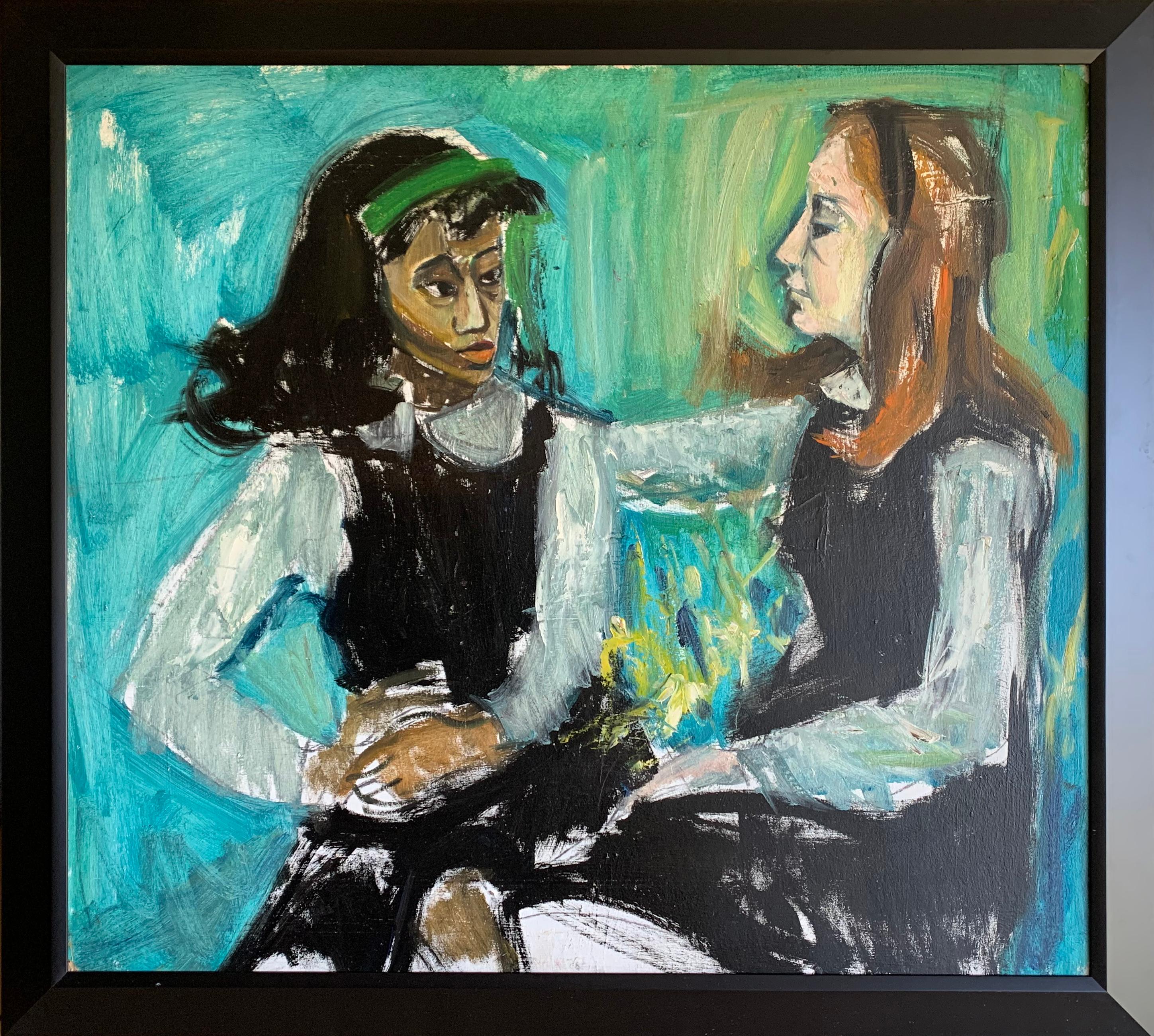 Two Girls in School, Expressionist Portrait by Philadelphia Artist - Painting by Bernard Harmon