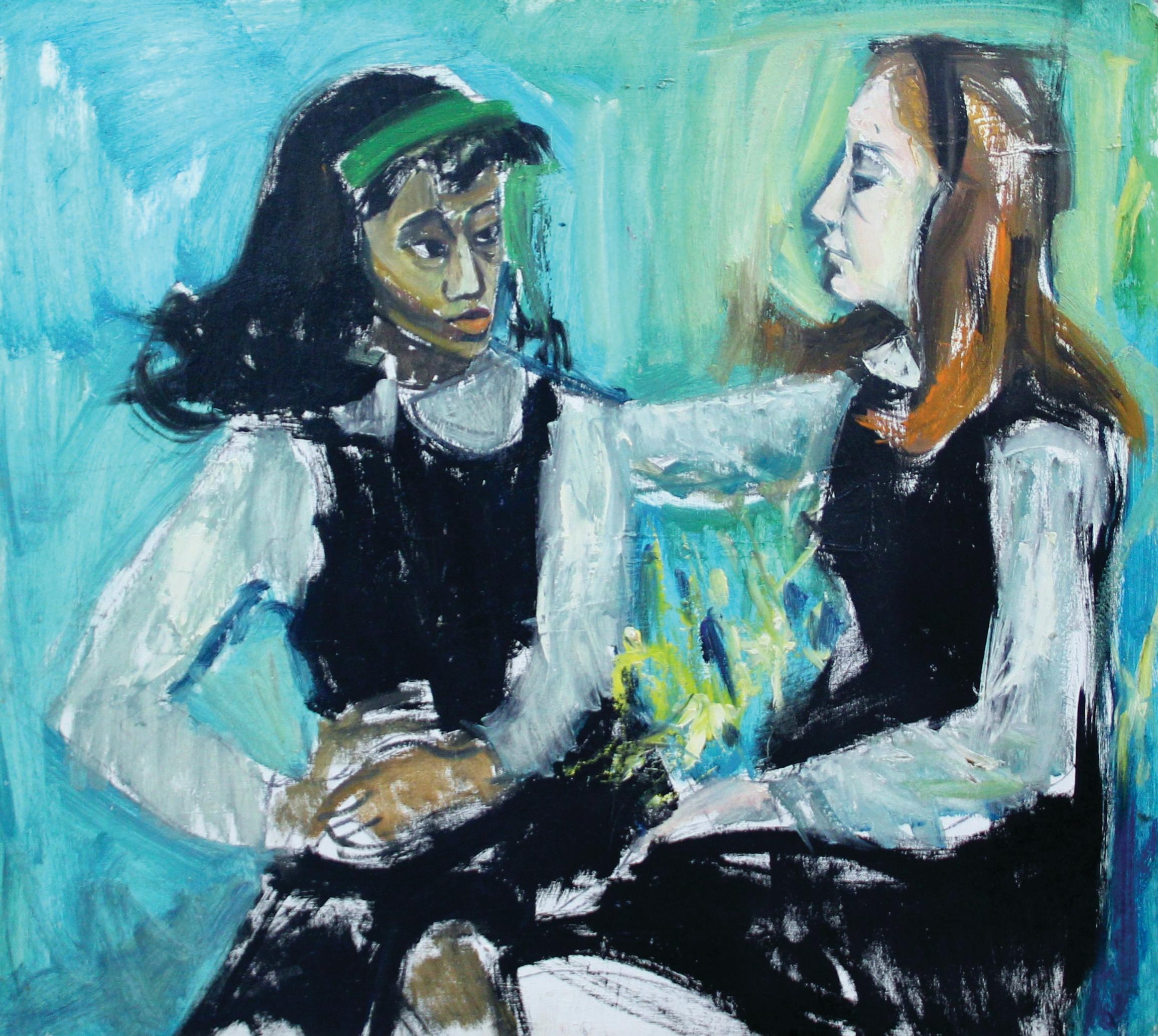 Figurative Painting Bernard Harmon - Deux filles à l'école, portrait expressionniste d'un artiste de Philadelphie