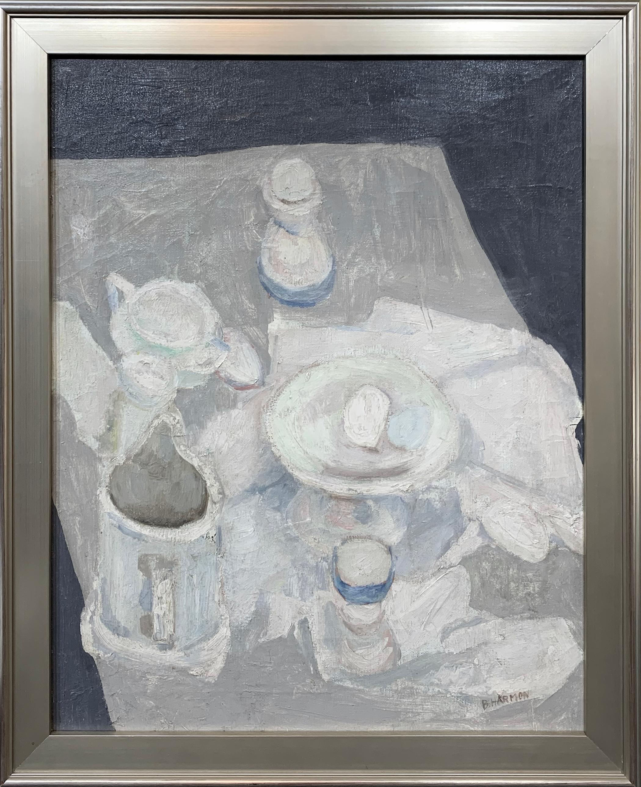 White on White Blue, Expressionist Still Life by Philadelphia Artist - Painting by Bernard Harmon