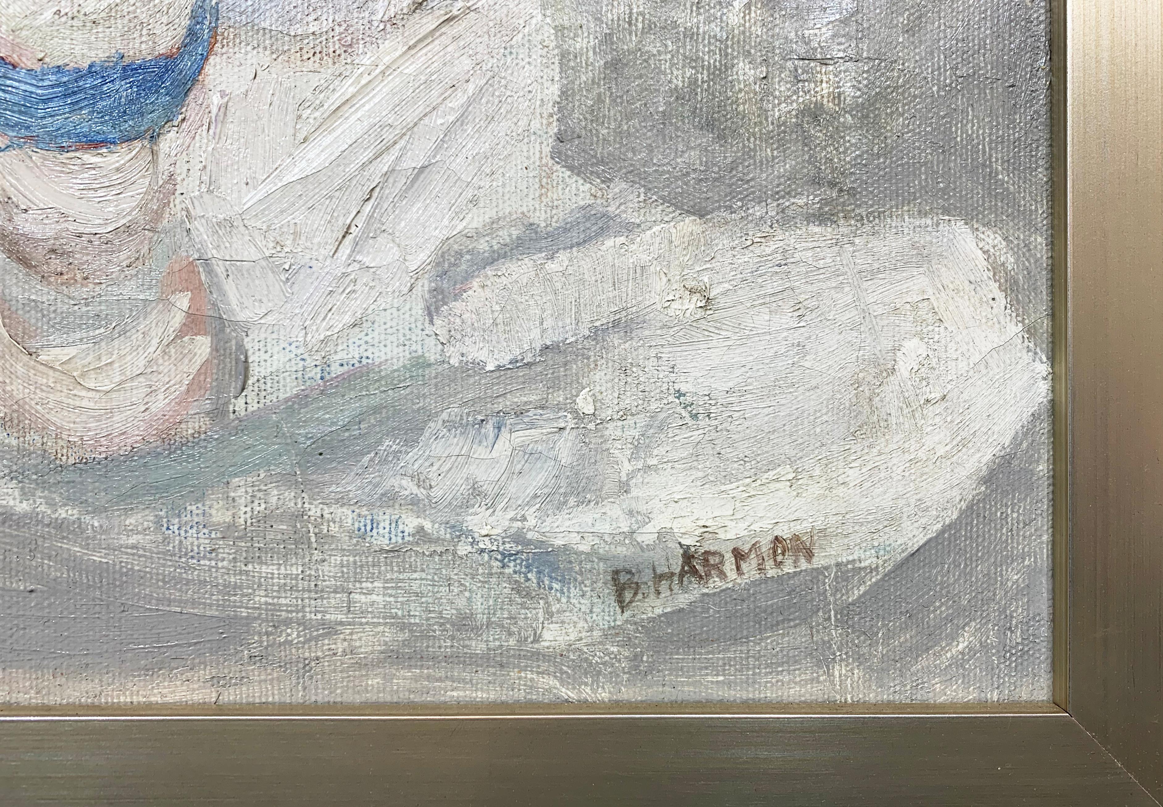 Blanc sur blanc bleu, nature morte expressionniste de l'artiste de Philadelphie - Gris Interior Painting par Bernard Harmon