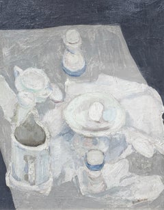 Vintage White on White Blue, Expressionist Still Life by Philadelphia Artist