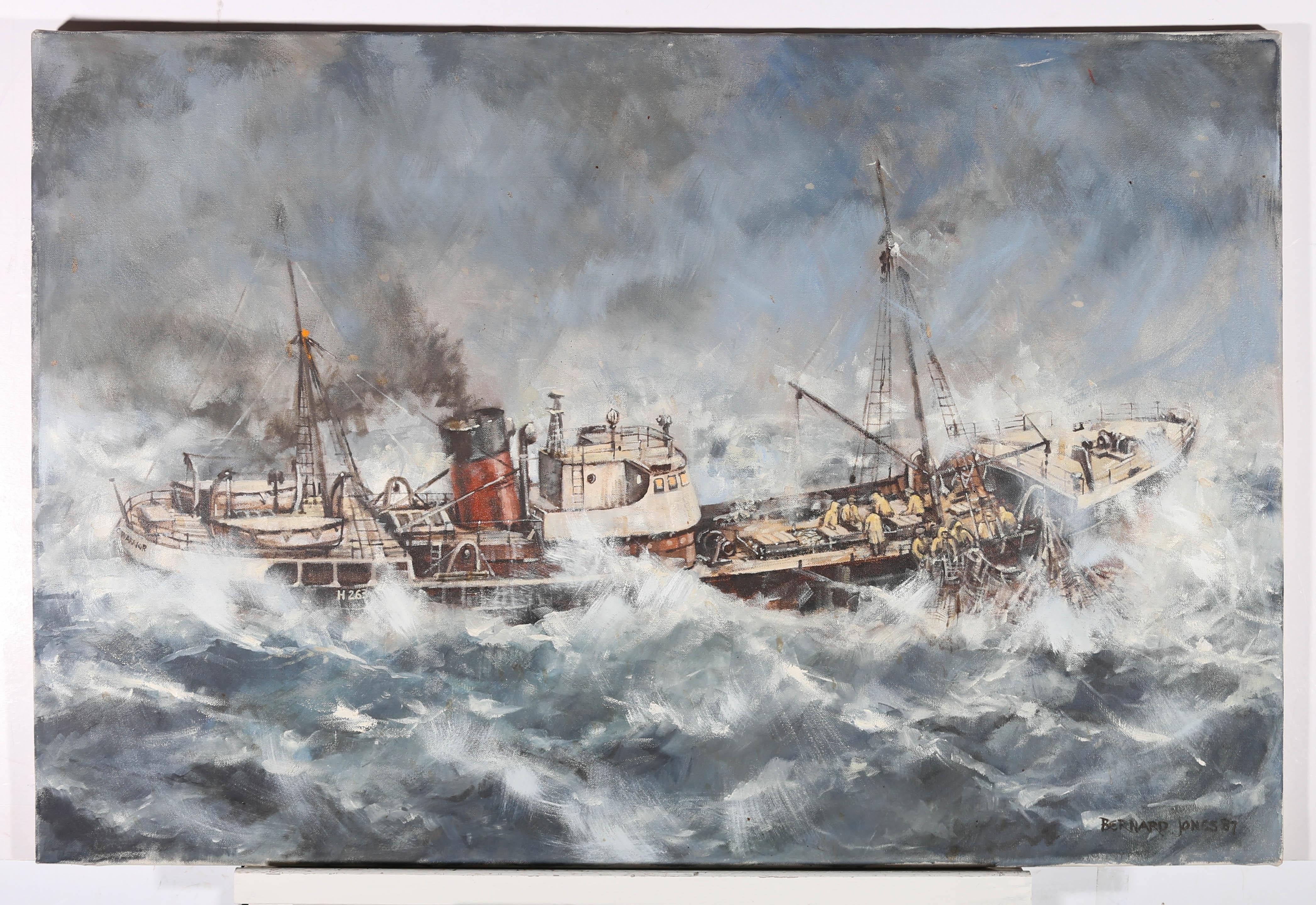 A fine nautical oil showing a dramatic storm bearing down on the Arctic Warrior. The artist has signed and dated to the lower right corner. On canvas.






