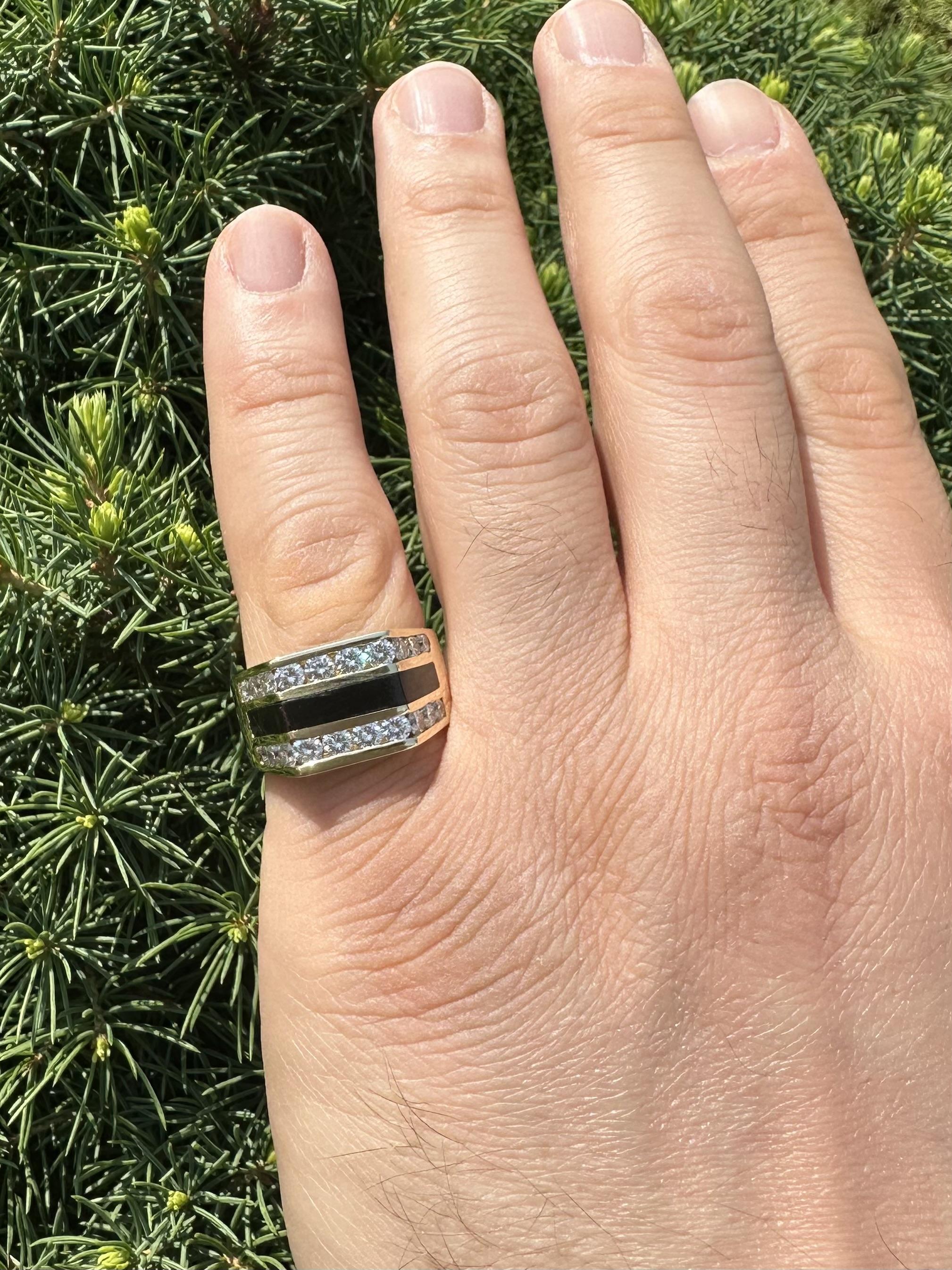 Bernard K Passman Men's 18k Yellow Gold Black Coral & Diamond Squared Band Ring For Sale 6