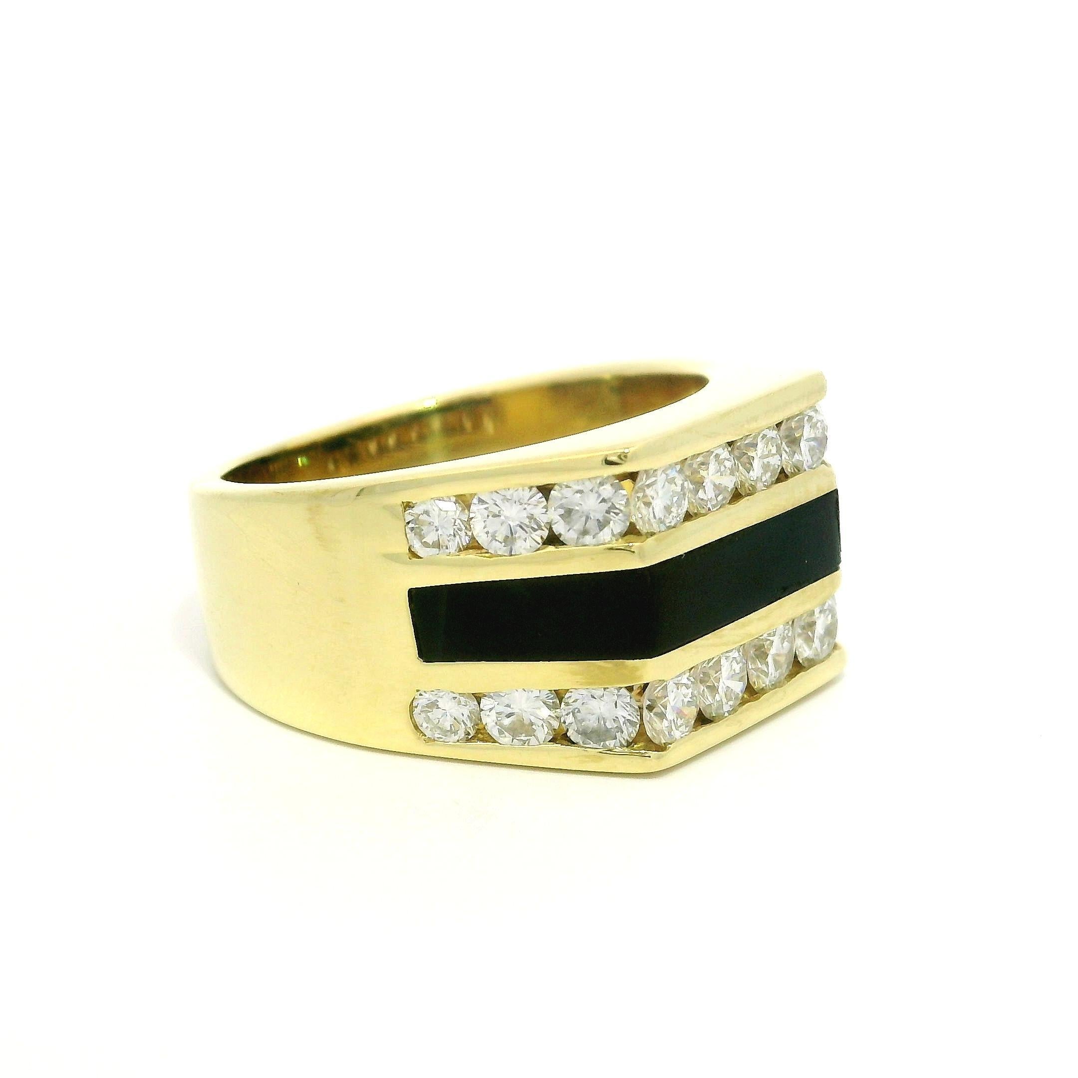Bernard K Passman Men's 18k Yellow Gold Black Coral & Diamond Squared Band Ring For Sale 8