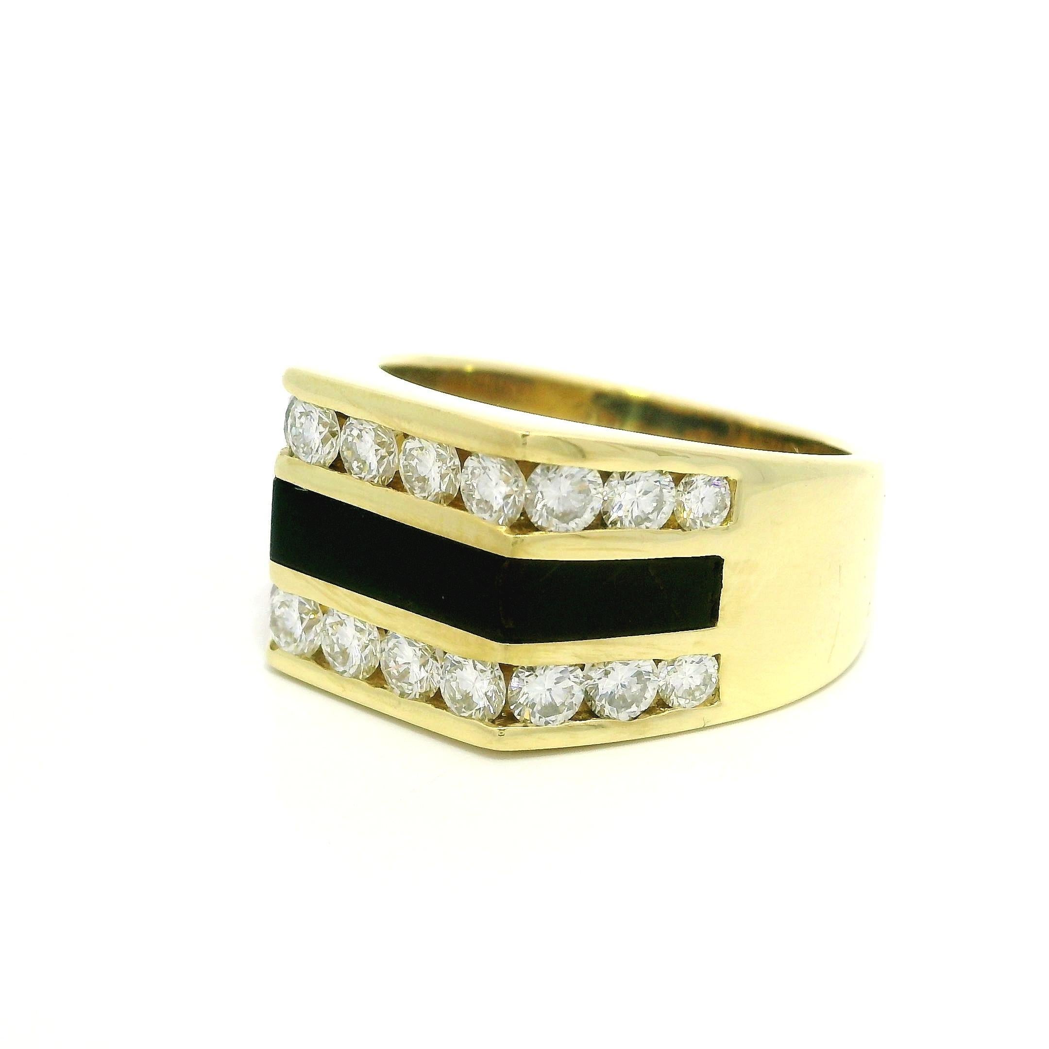 Bernard K Passman Men's 18k Yellow Gold Black Coral & Diamond Squared Band Ring For Sale 9