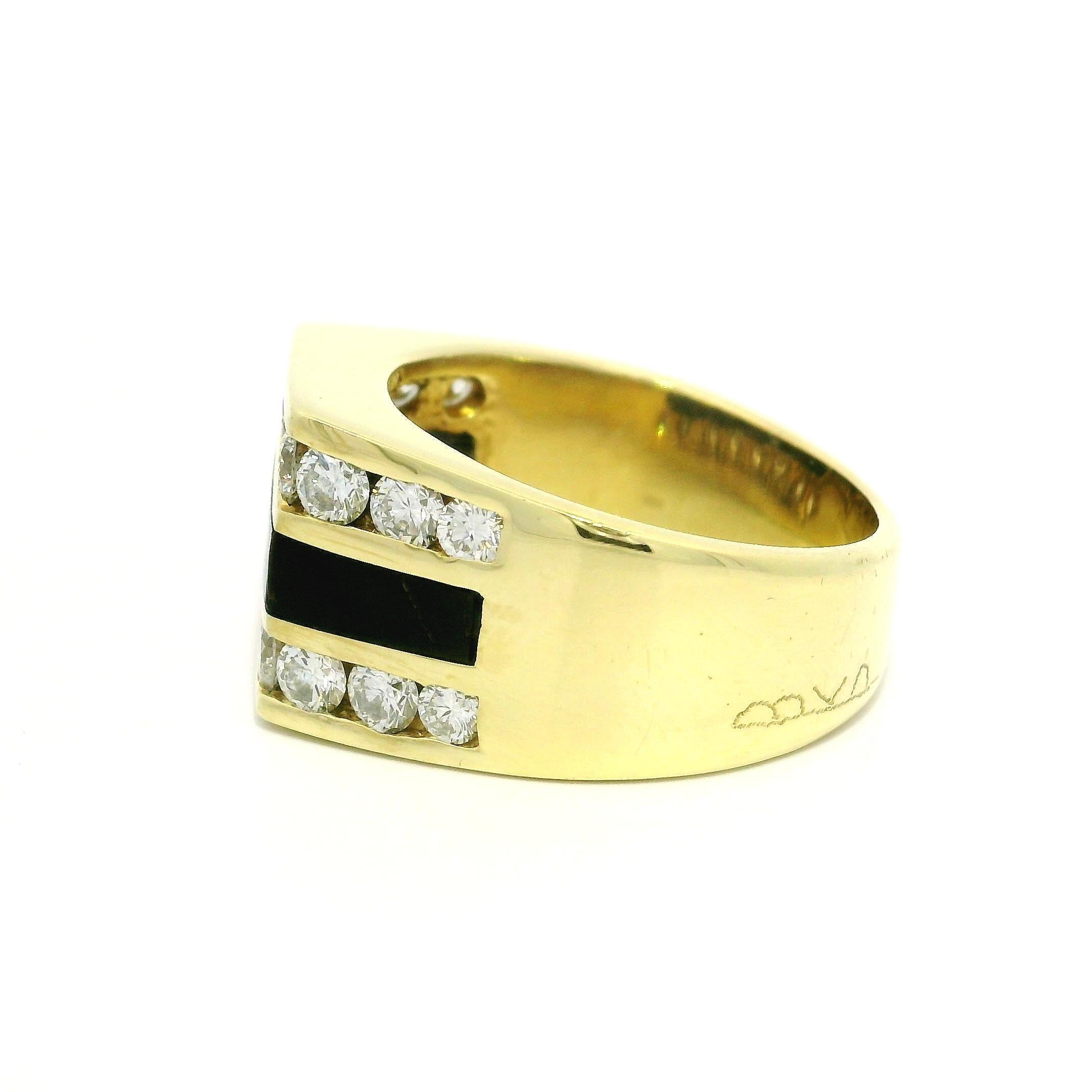 Bernard K Passman Men's 18k Yellow Gold Black Coral & Diamond Squared Band Ring For Sale 10