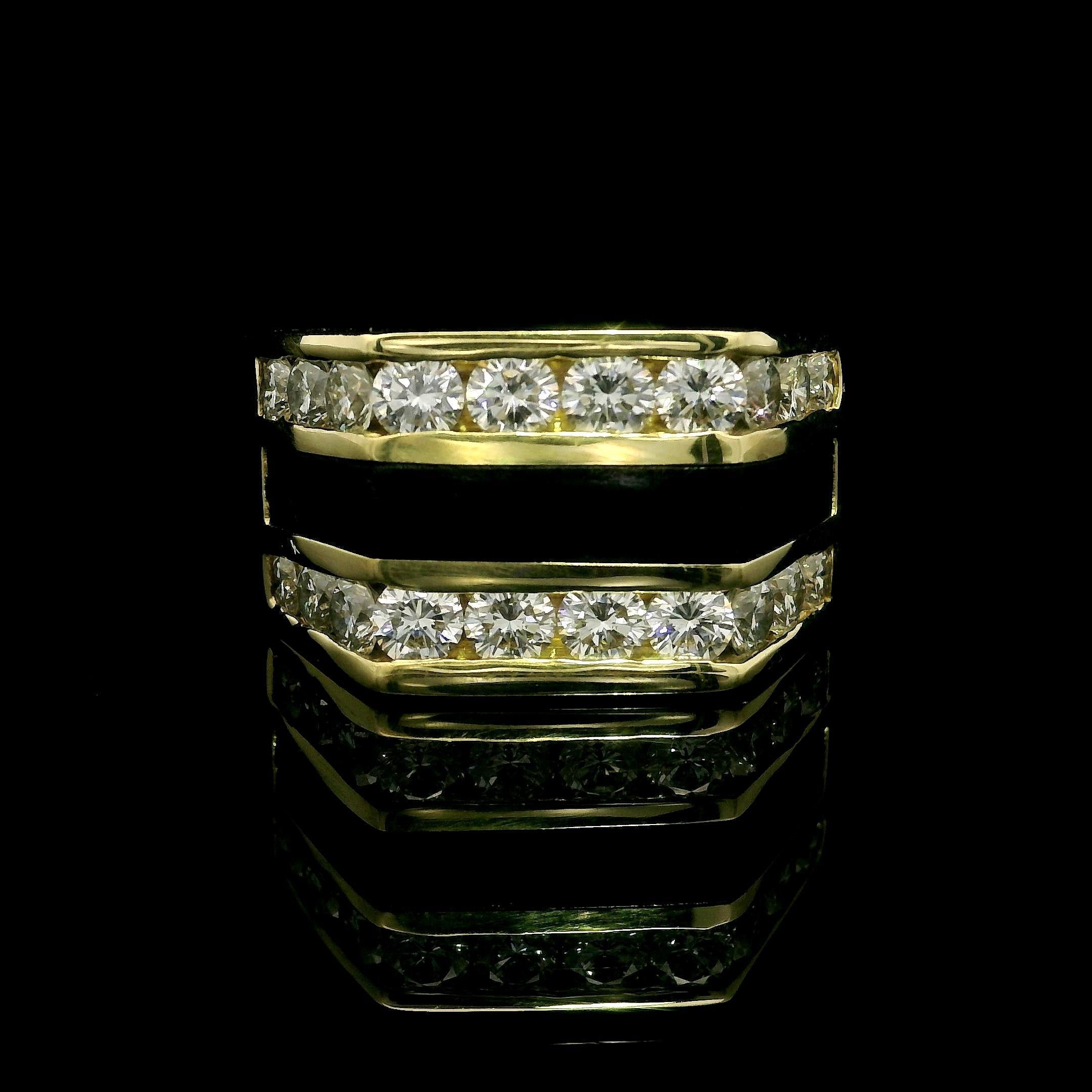 -- Stone(s):
(1) Natural Genuine Black Coral - Custom Cut - Inlaid Set - Pure Black Color
(20) Natural Genuine Diamonds - Round Brilliant Cut - Channel Set - Fiery Brilliant - G Color - VS2 Clarity - 1.75ctw (approx.)

Material: 18k Solid Yellow