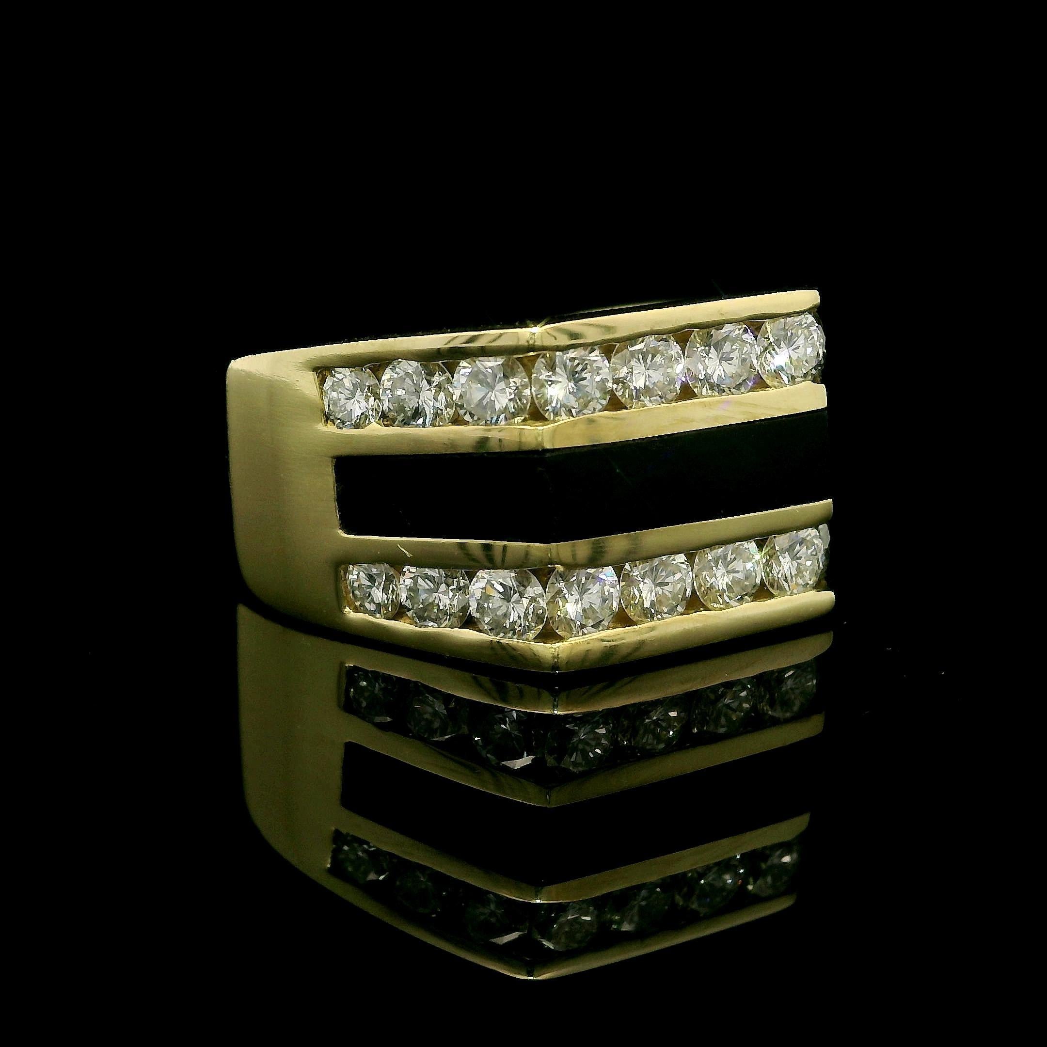 Brilliant Cut Bernard K Passman Men's 18k Yellow Gold Black Coral & Diamond Squared Band Ring For Sale