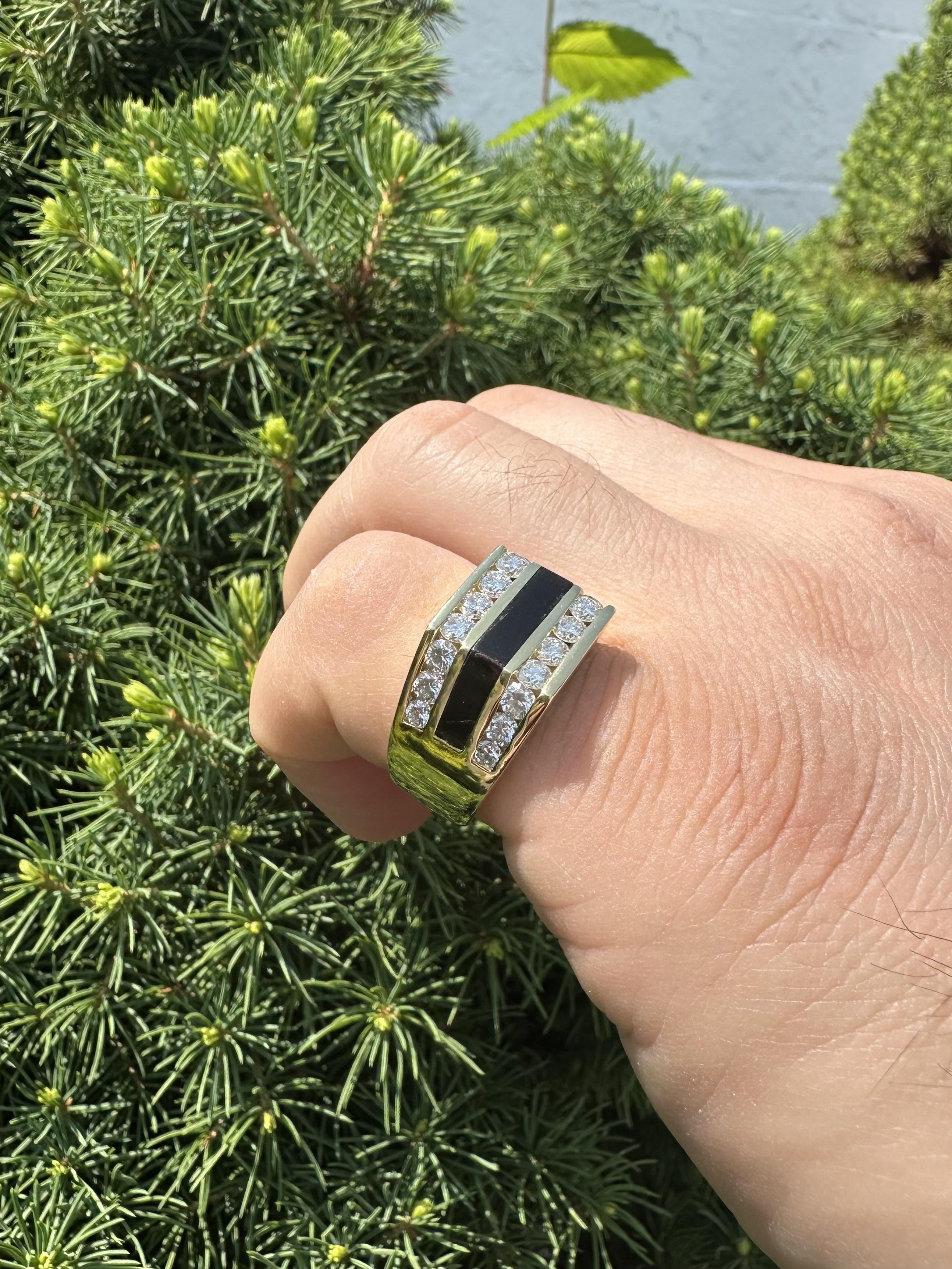 Bernard K Passman Men's 18k Yellow Gold Black Coral & Diamond Squared Band Ring For Sale 1