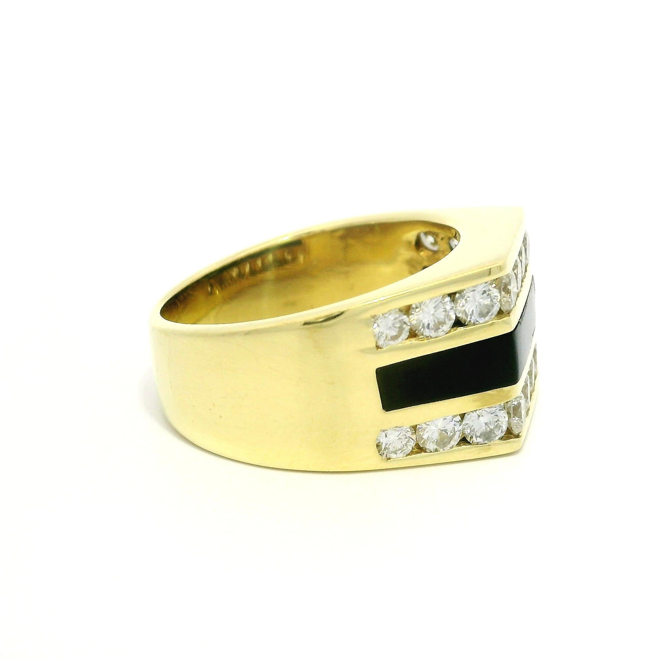 Bernard K Passman Men's 18k Yellow Gold Black Coral & Diamond Squared Band Ring For Sale 3