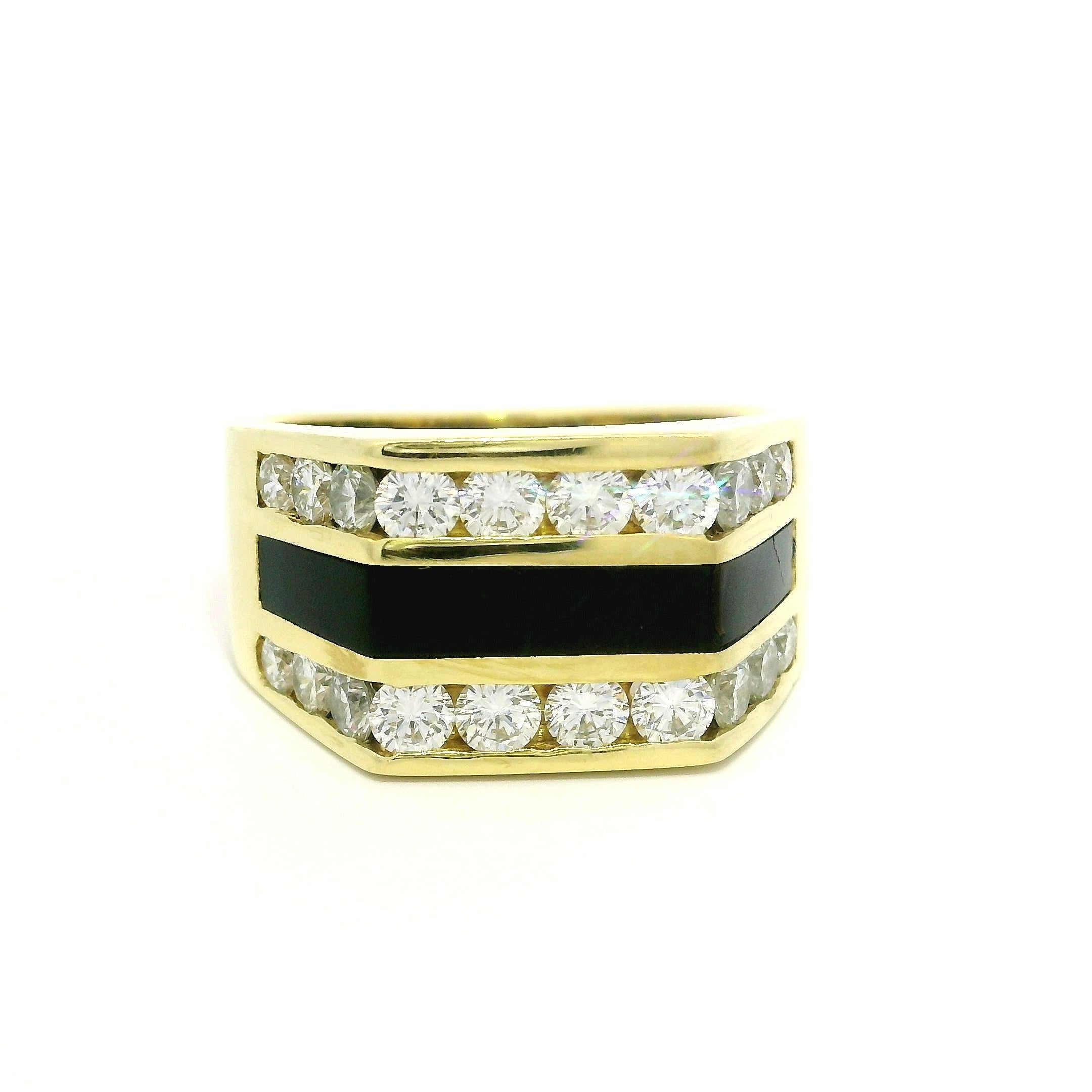 Bernard K Passman Men's 18k Yellow Gold Black Coral & Diamond Squared Band Ring For Sale