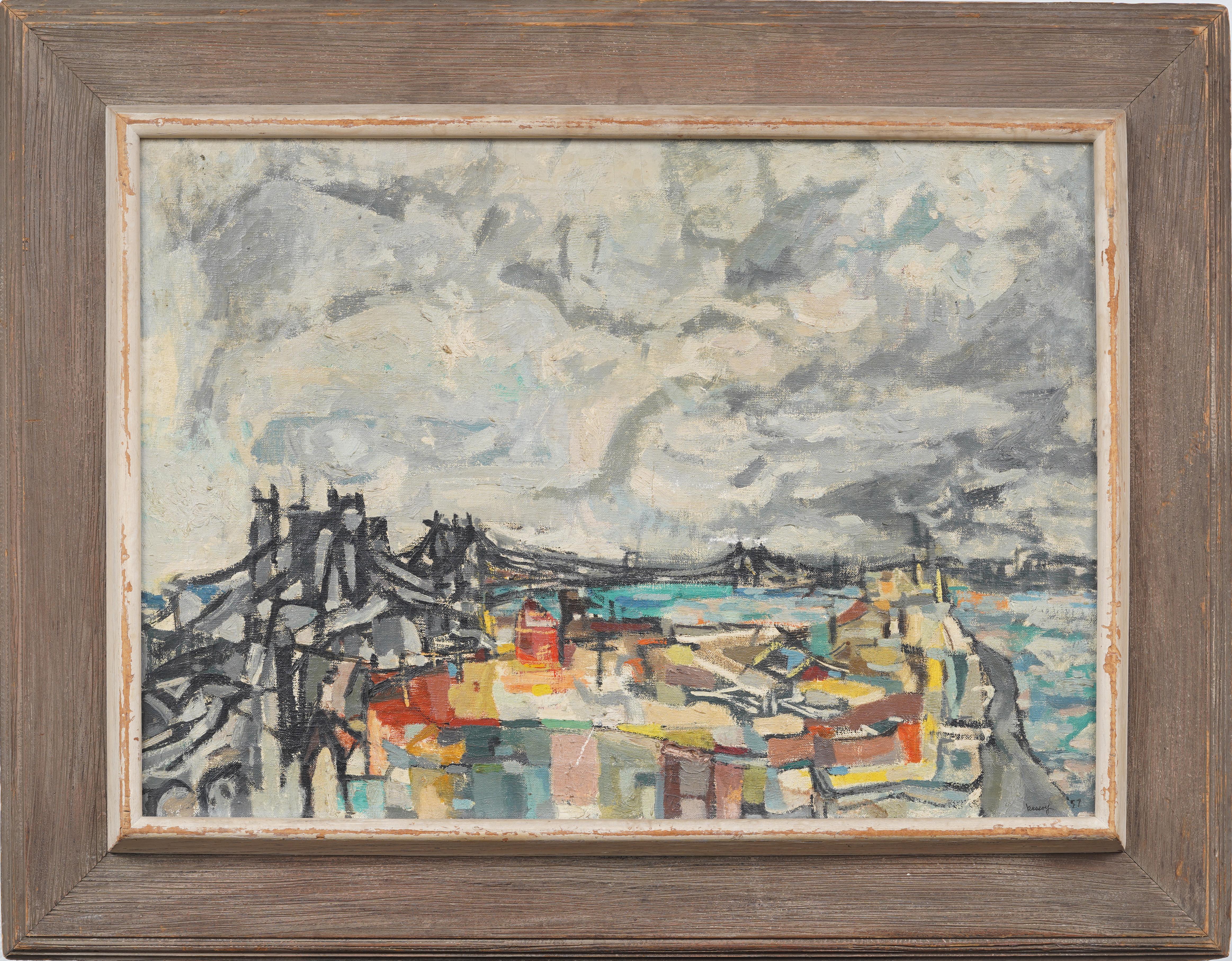 Antico dipinto a olio della WPA, astratto e modernista, con vista sul ponte e paesaggio urbano - Painting di Bernard Kassoy