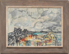 Antique American Modernist Abstract Cityscape Bridge View Rare WPA Oil Painting