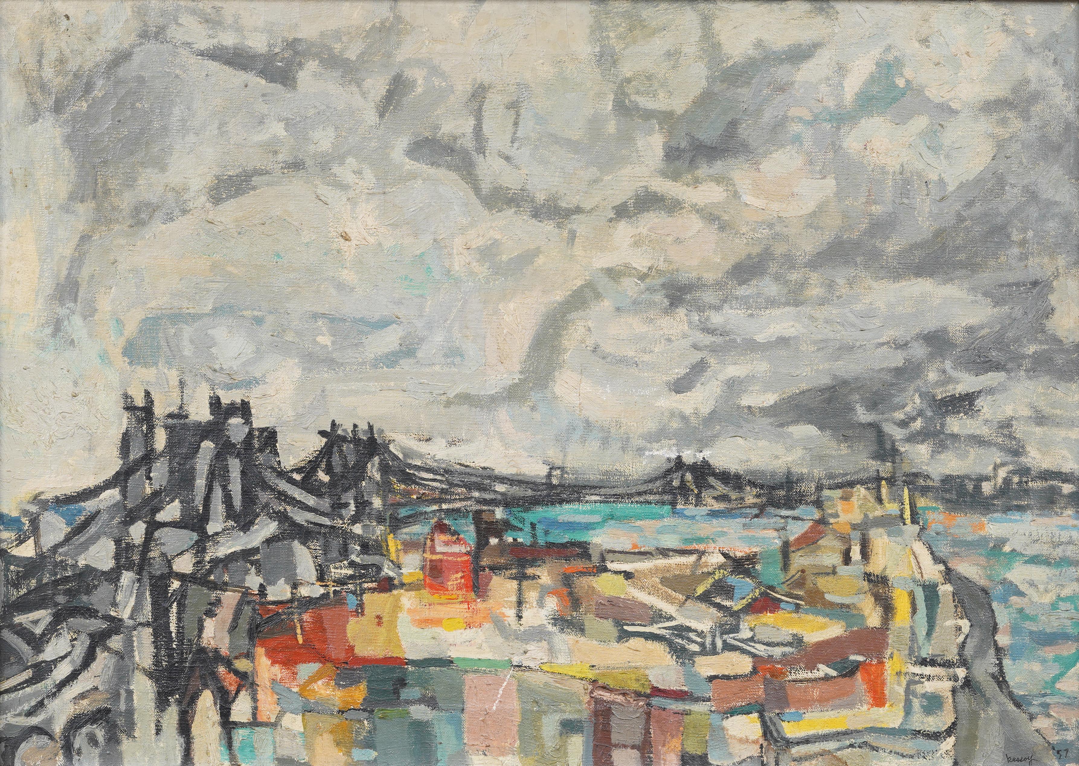 Antico dipinto a olio della WPA, astratto e modernista, con vista sul ponte e paesaggio urbano - Painting Moderno di Bernard Kassoy