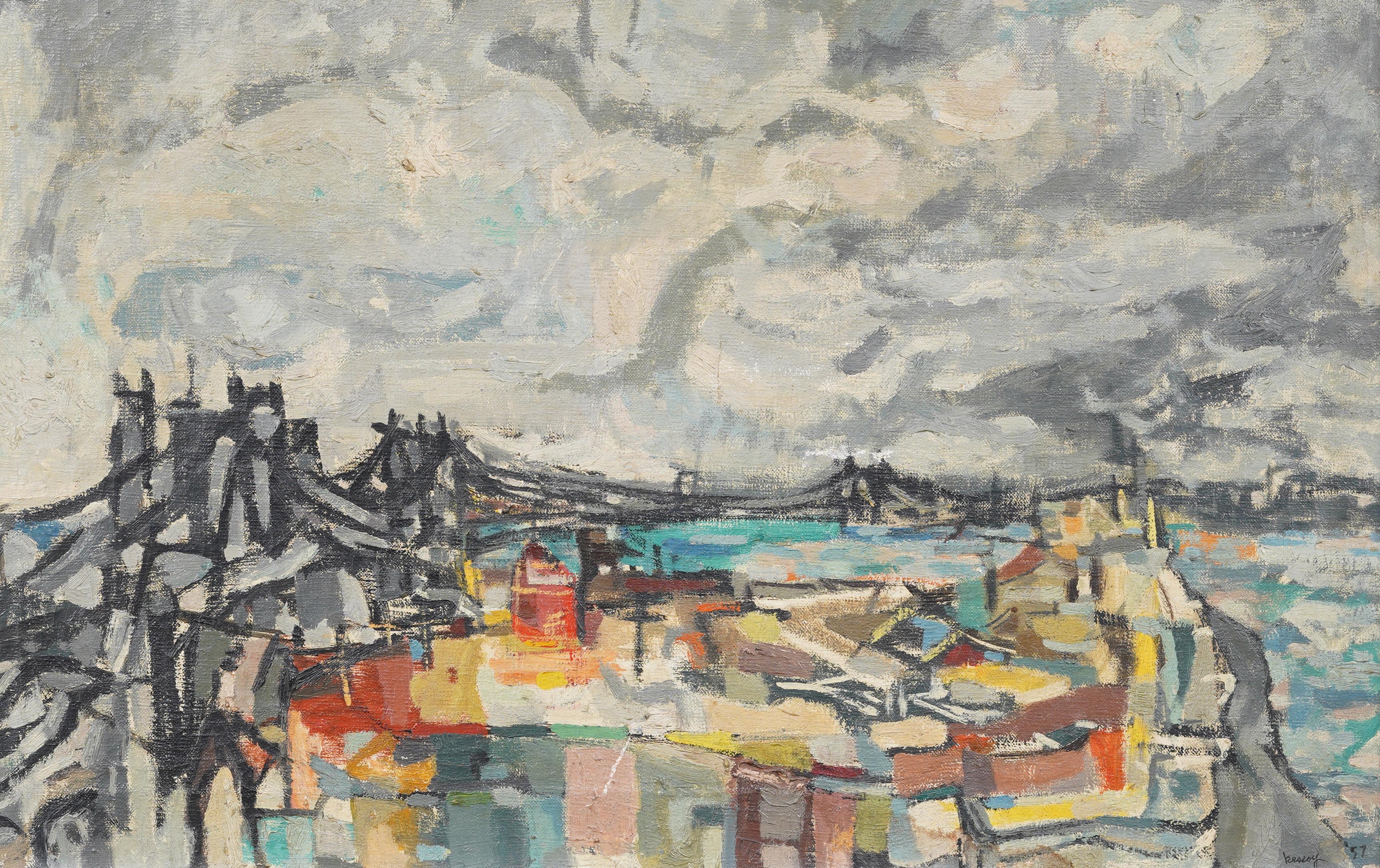 Antico dipinto a olio della WPA, astratto e modernista, con vista sul ponte e paesaggio urbano - Landscape Painting Grigio di Bernard Kassoy