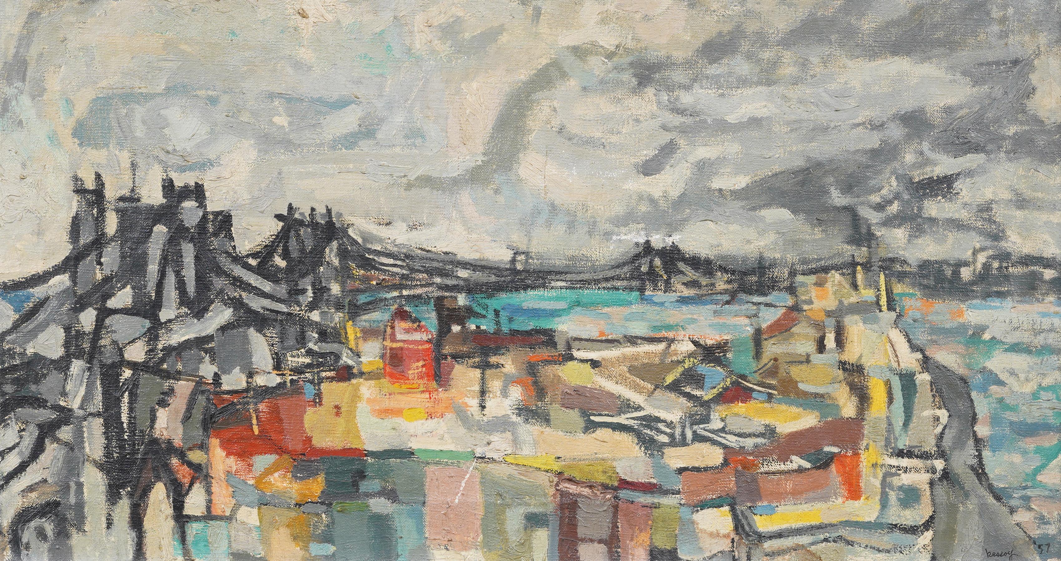 Antico dipinto ad olio di un ponte modernista americano. Olio su tela. Firmato. Incorniciato. Misure: 28 x 36 pollici in totale, e 20 x 28 solo per la pittura...  In eccellenti condizioni originali. Incorniciato in una splendida cornice di 