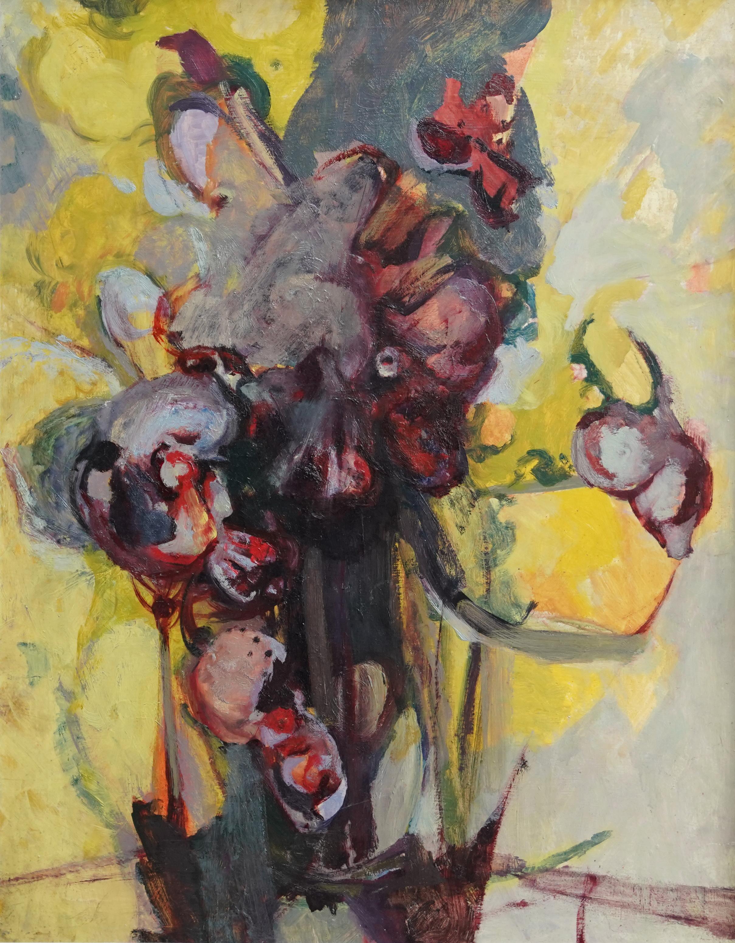 Irises - British Fifties Abstract Expressionist floral oil painting yellow grey For Sale 10